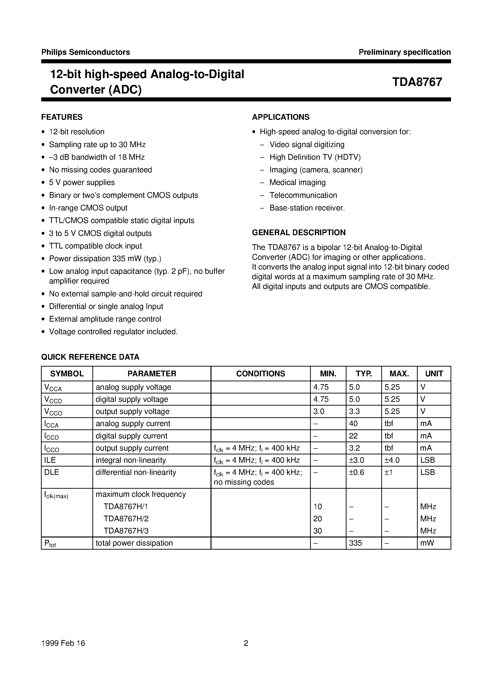 Даташит TDA8767H - 12-bit high-speed Analog-to-Digital Converter ADC страница 2