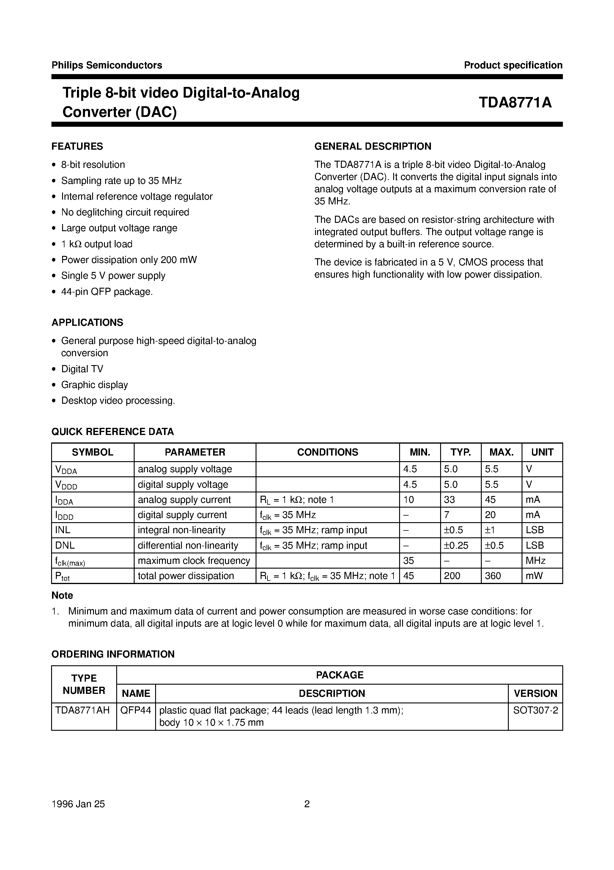 Datasheet TDA8771AH - Triple 8-bit video Digital-to-Analog Converter DAC page 2