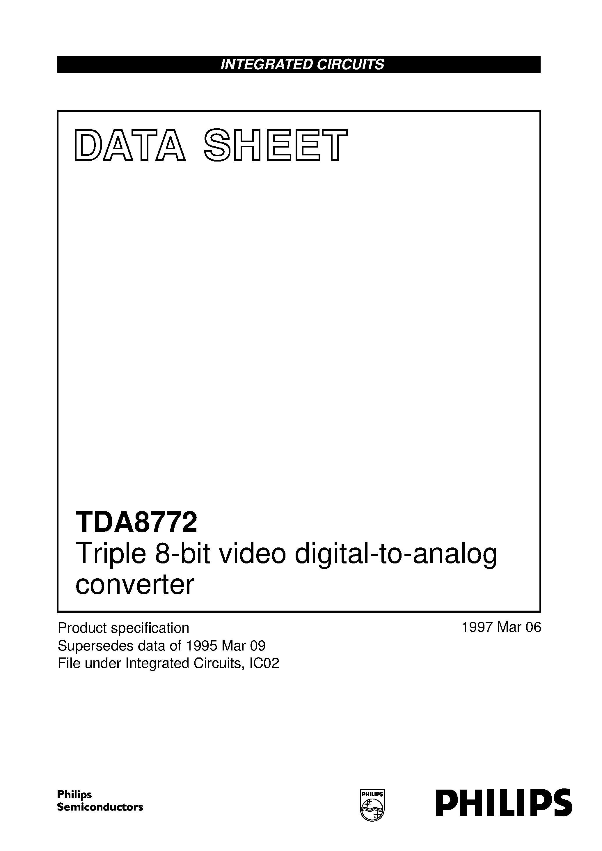 Datasheet TDA8772 page 1 Datasheet TDA8772 - Triple 8-bit video digital-to-analog converter page 1