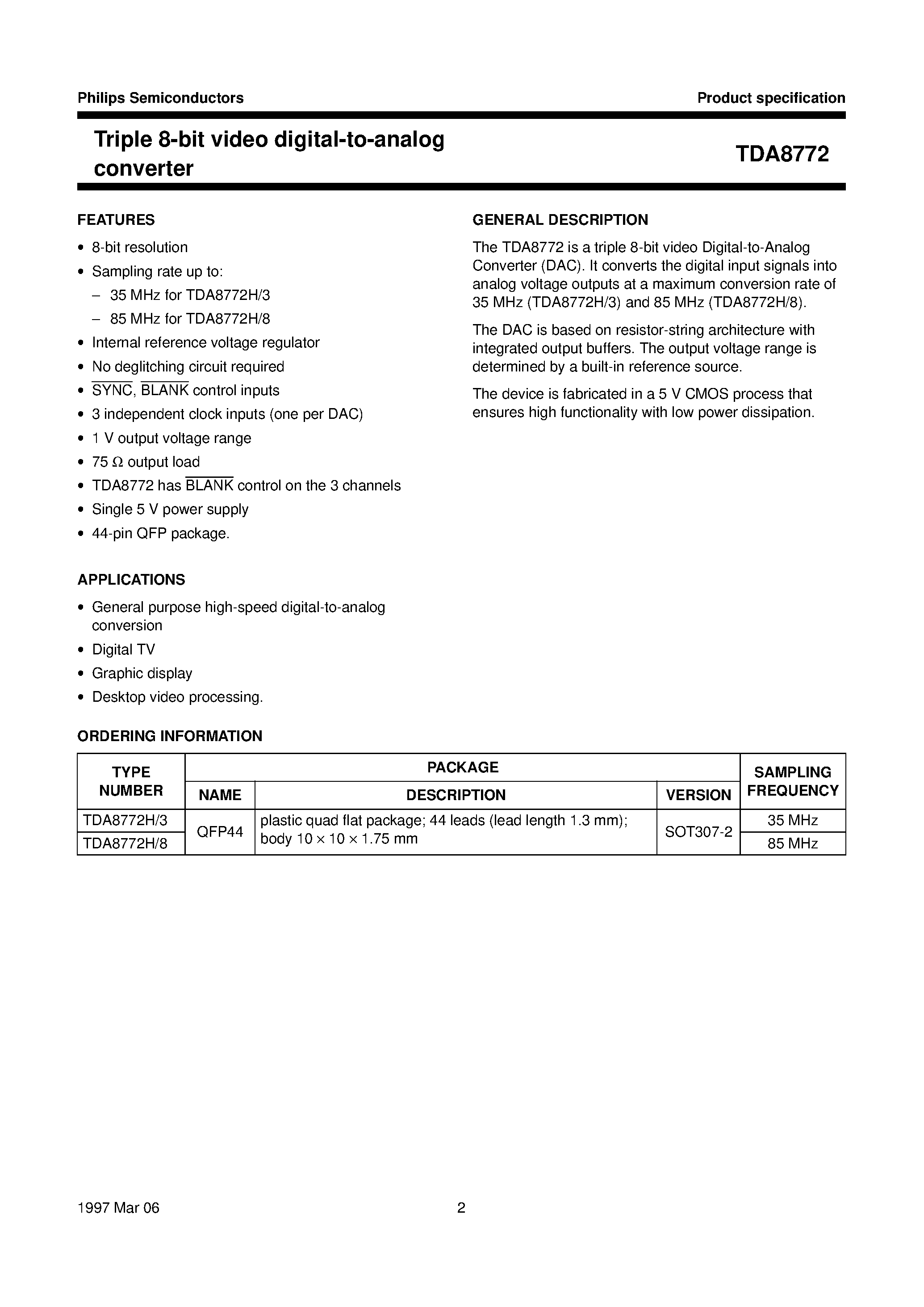 Datasheet TDA8772 page 2 Datasheet TDA8772 - Triple 8-bit video digital-to-analog converter page 2
