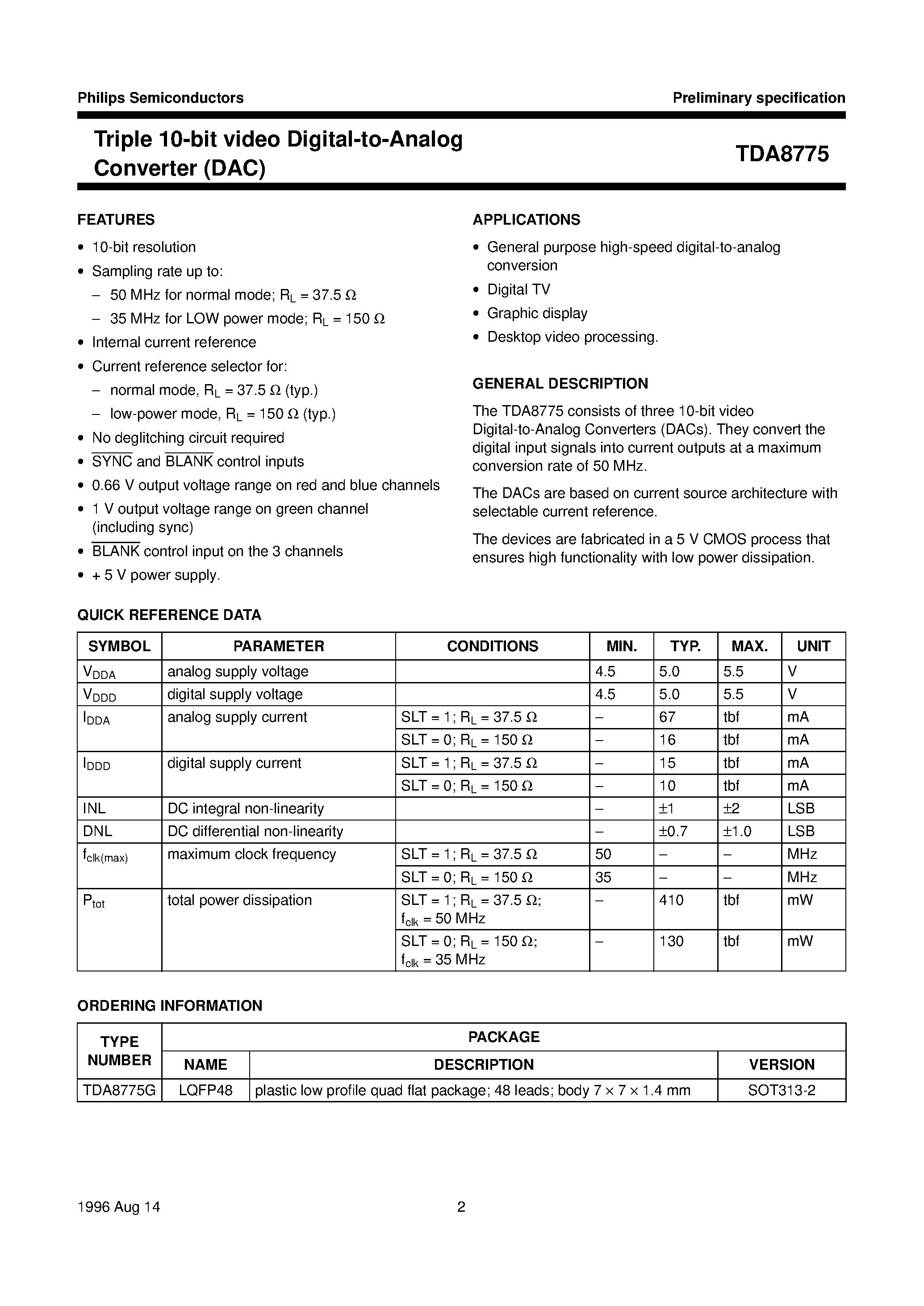 Datasheet TDA8775 - Triple 10-bit video Digital-to-Analog Converter DAC page 2