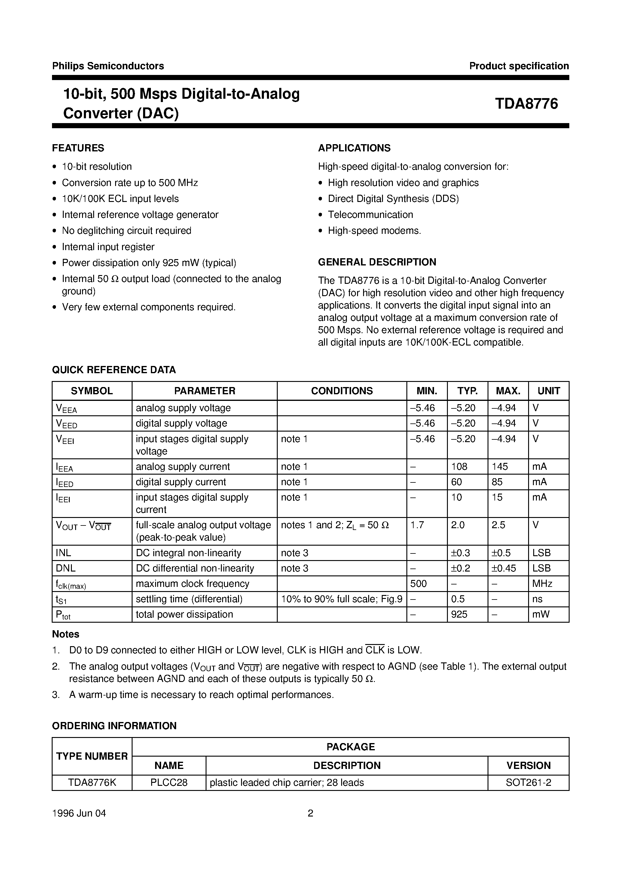 Datasheet TDA8776K - 10-bit/ 500 Msps Digital-to-Analog Converter DAC page 2