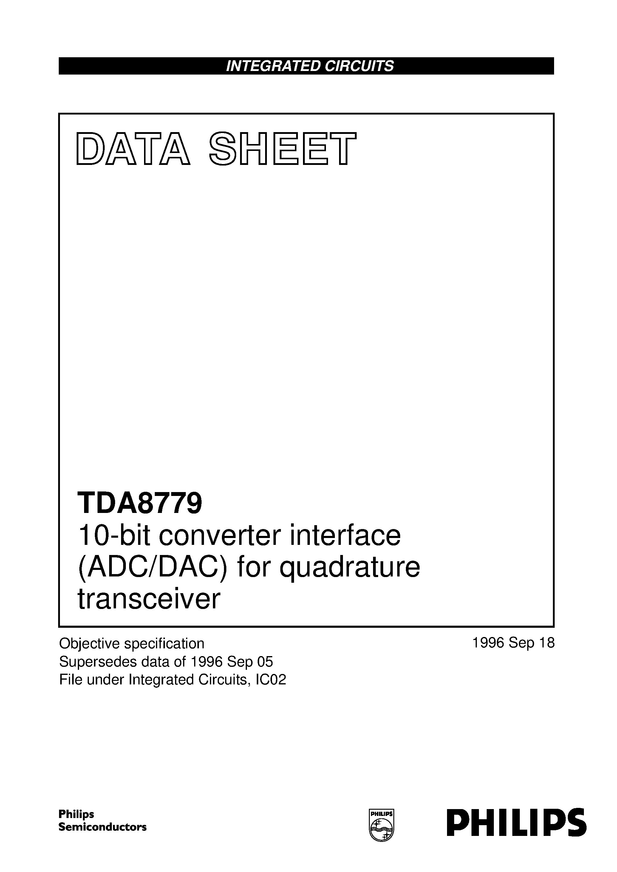 Datasheet TDA8779 - 10-bit converter interface ADC/DAC for quadrature transceiver page 1