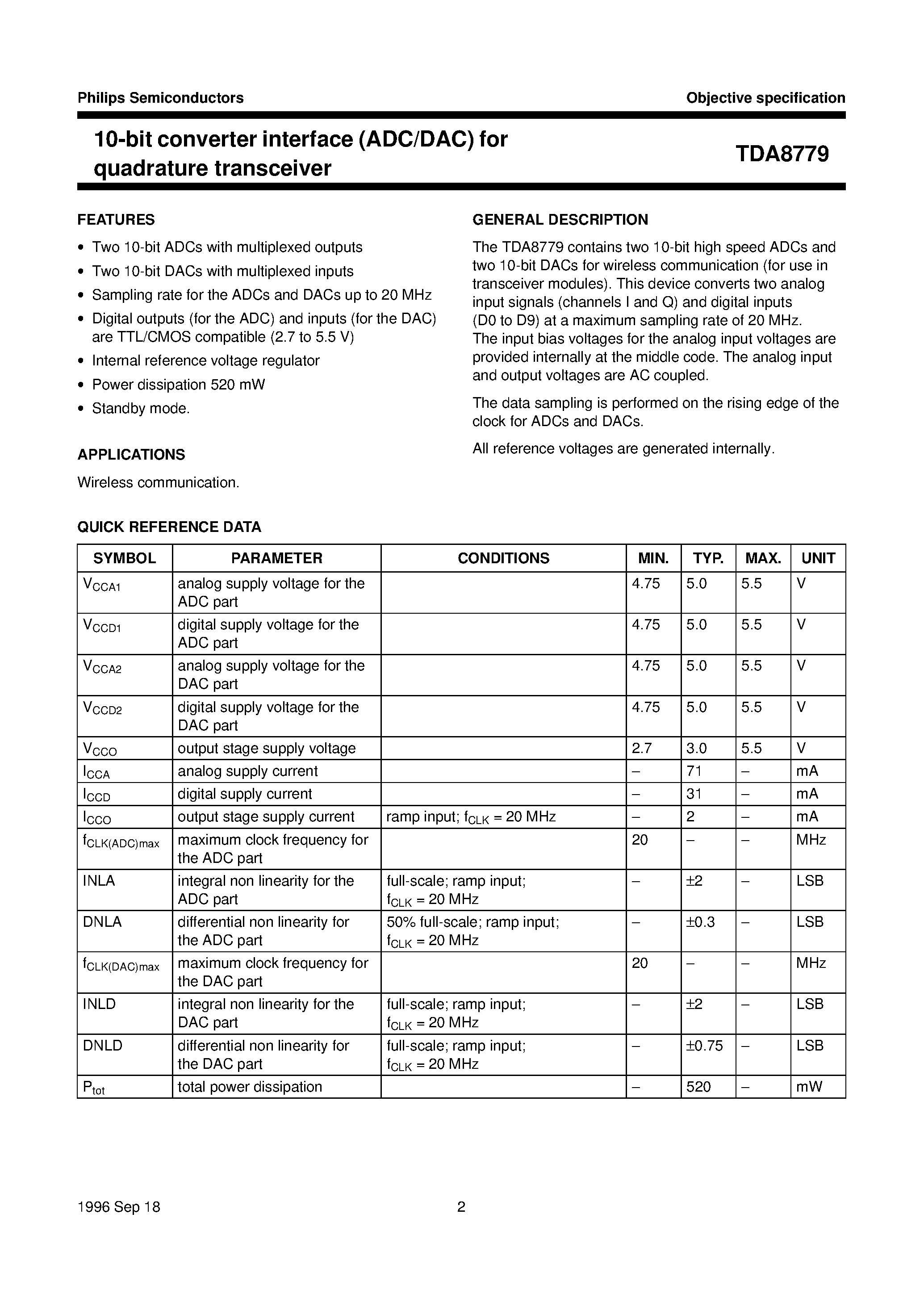 Datasheet TDA8779 - 10-bit converter interface ADC/DAC for quadrature transceiver page 2