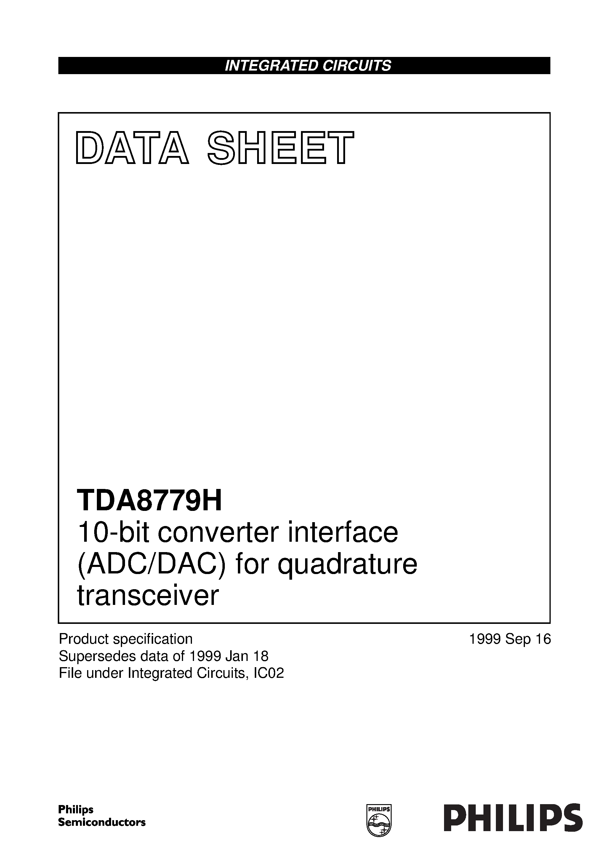 Datasheet TDA8779H - 10-bit converter interface ADC/DAC for quadrature transceiver page 1