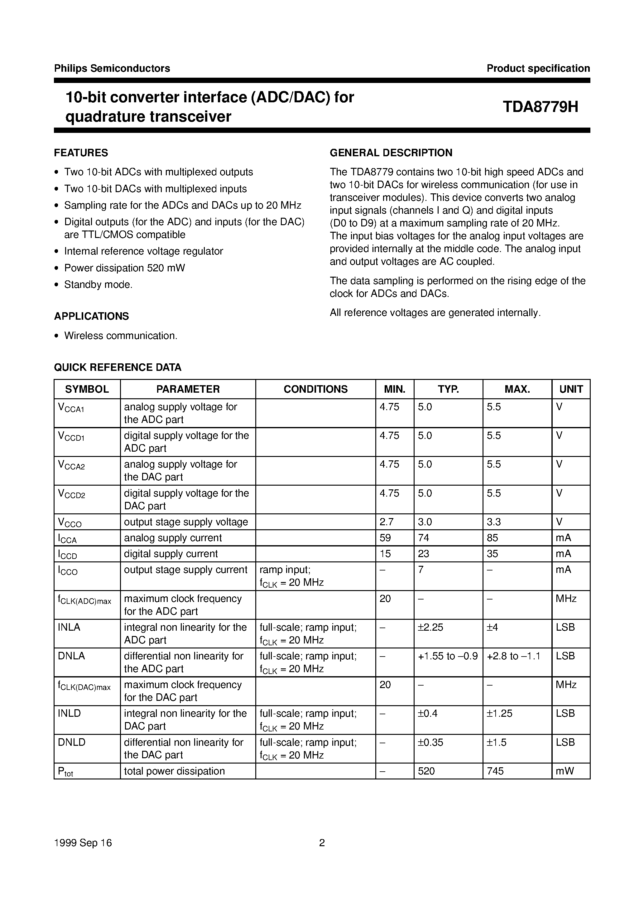 Datasheet TDA8779H - 10-bit converter interface ADC/DAC for quadrature transceiver page 2