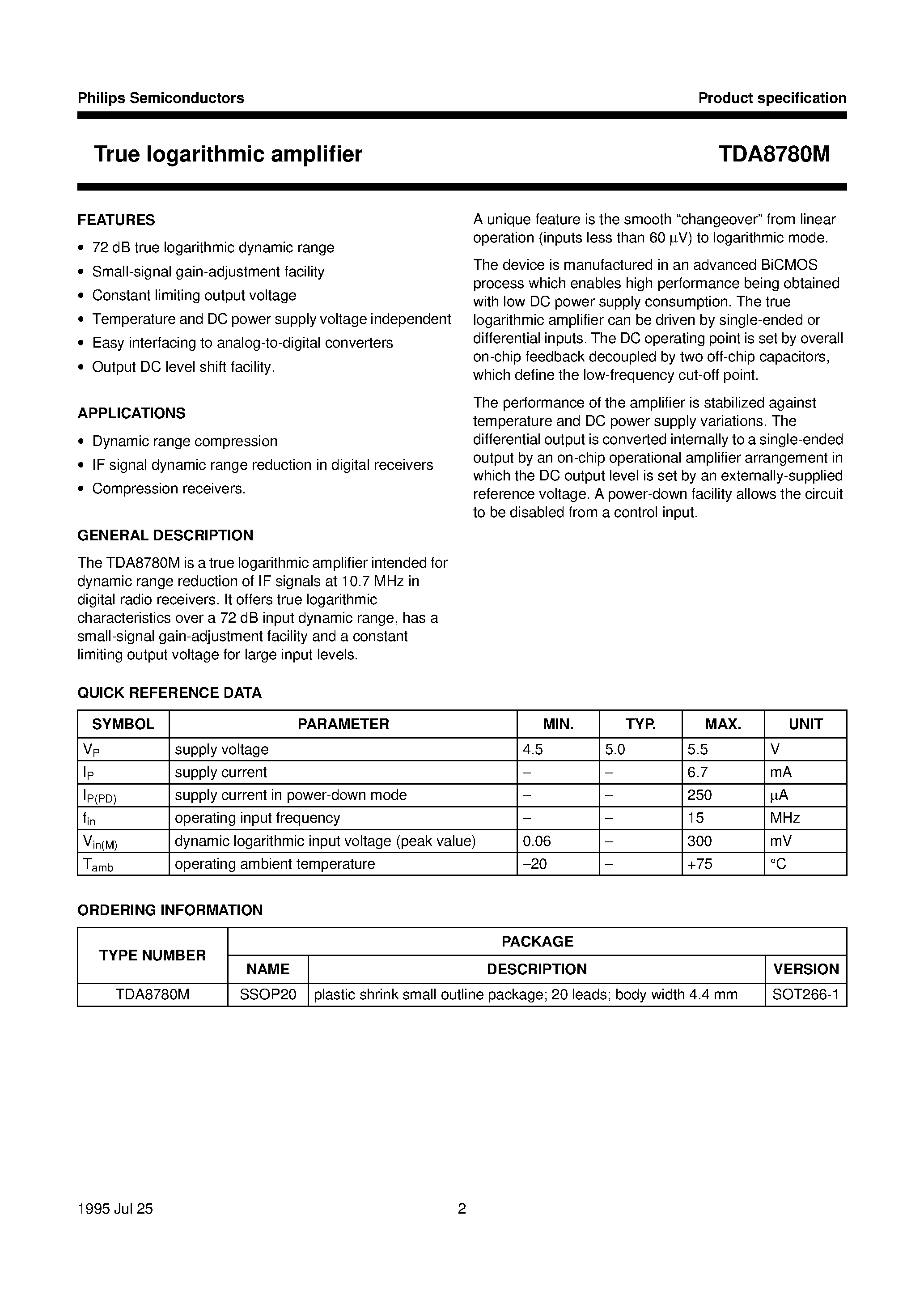 Даташит TDA8780M - True logarithmic amplifier страница 2