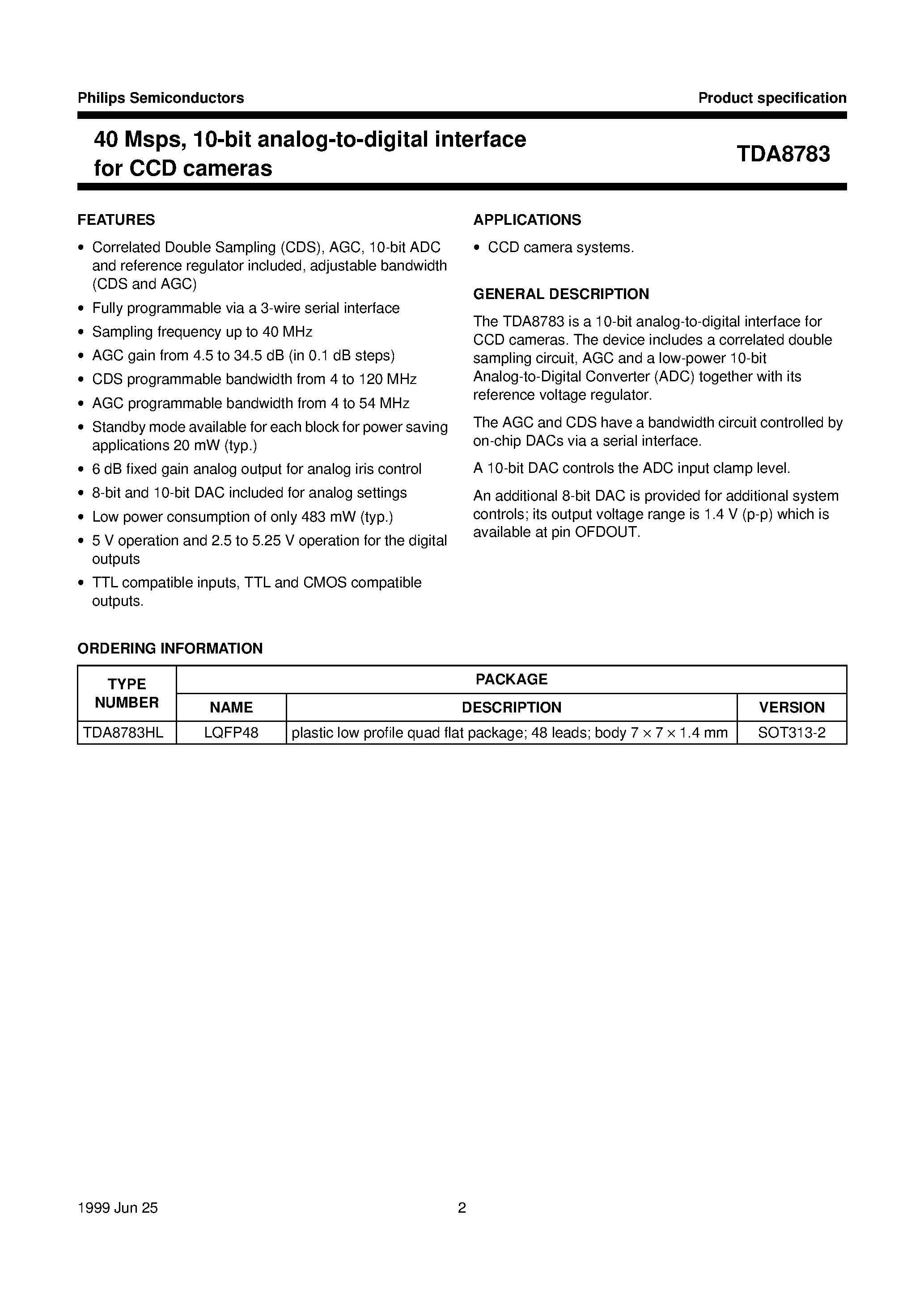 Даташит TDA8783 - 40 Msps/ 10-bit analog-to-digital interface for CCD cameras страница 2