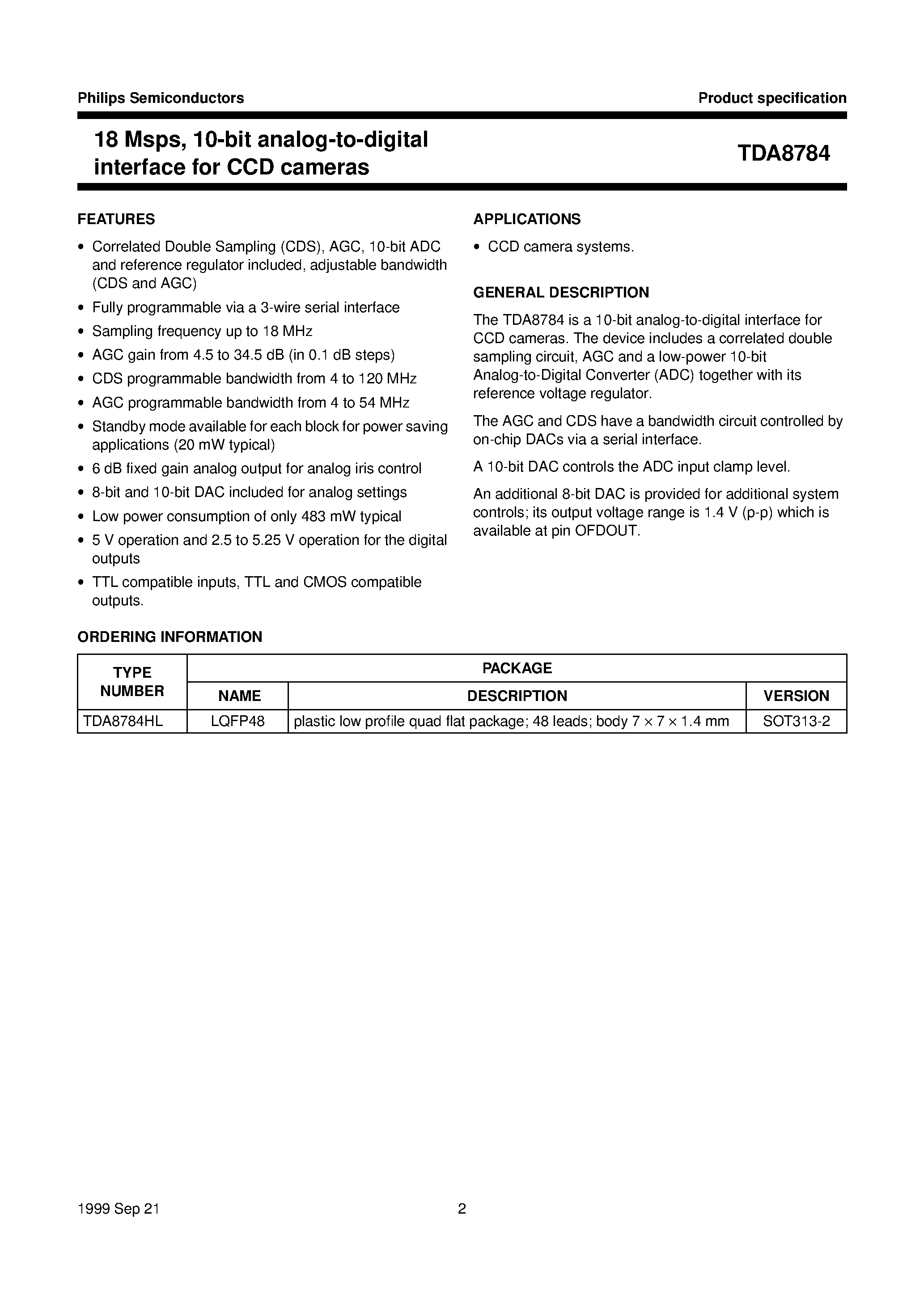 Datasheet TDA8784 - 18 Msps/ 10-bit analog-to-digital interface for CCD cameras page 2