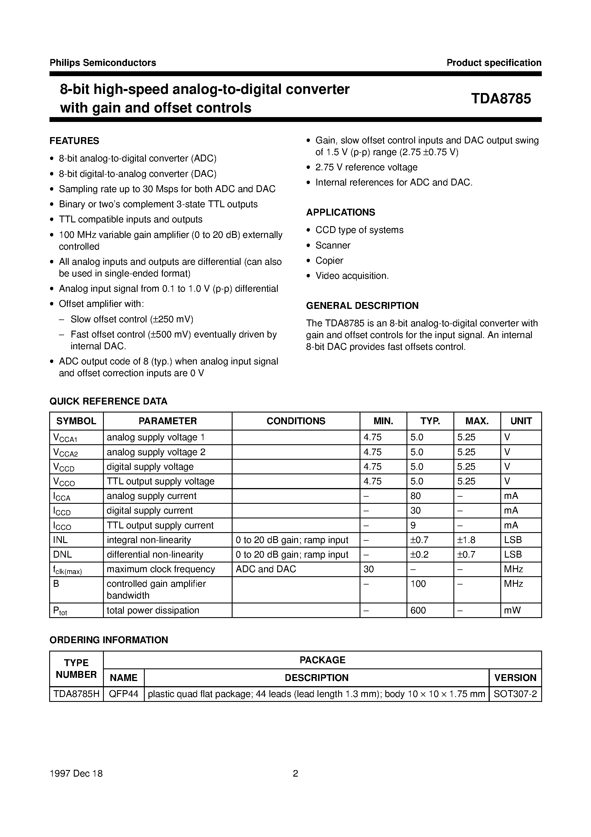 Datasheet TDA8785H - 8-bit high-speed analog-to-digital converter with gain and offset controls page 2