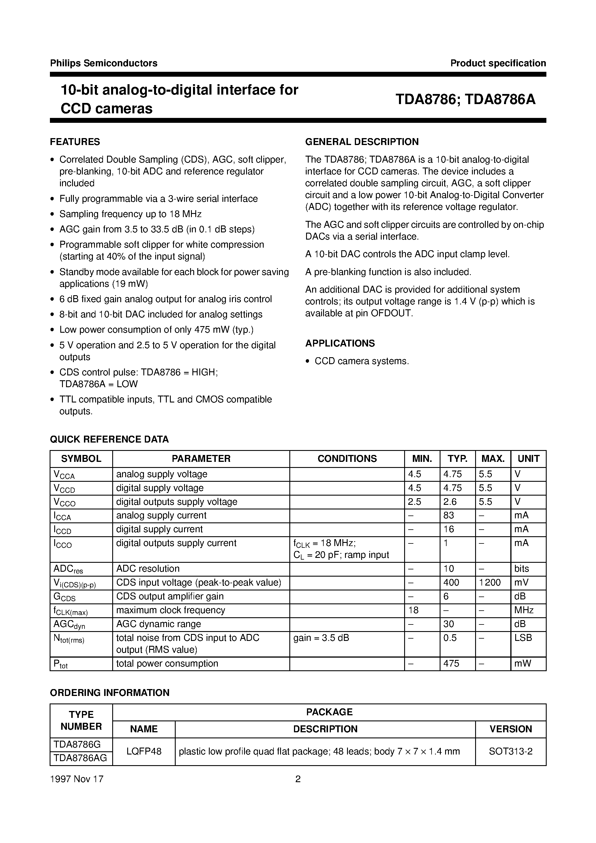 Datasheet TDA8786A - 10-bit analog-to-digital interface for CCD cameras page 2