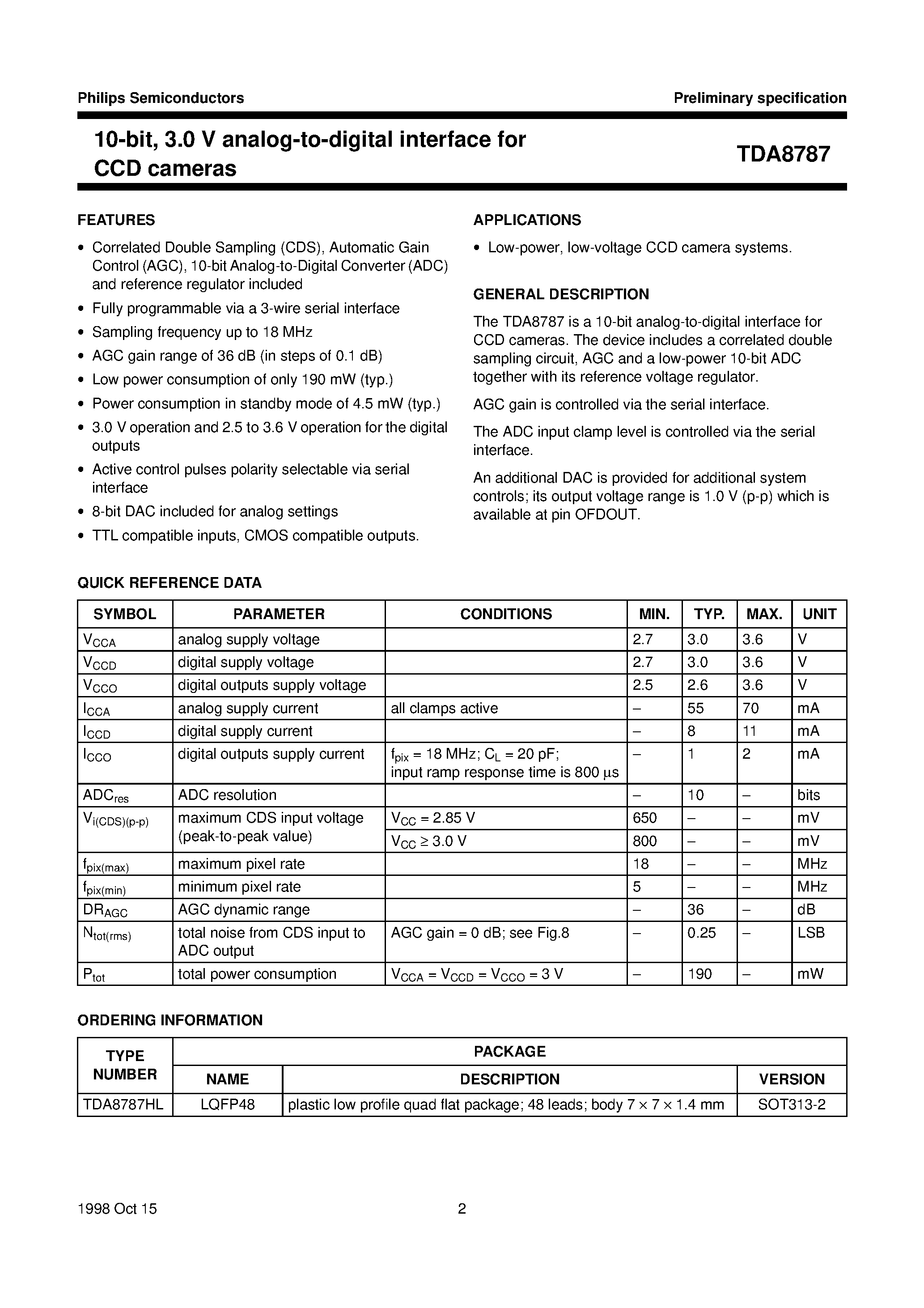 Datasheet TDA8787 page 2 Datasheet TDA8787 - 10-bit/ 3.0 V analog-to-digital interface for CCD cameras page 2
