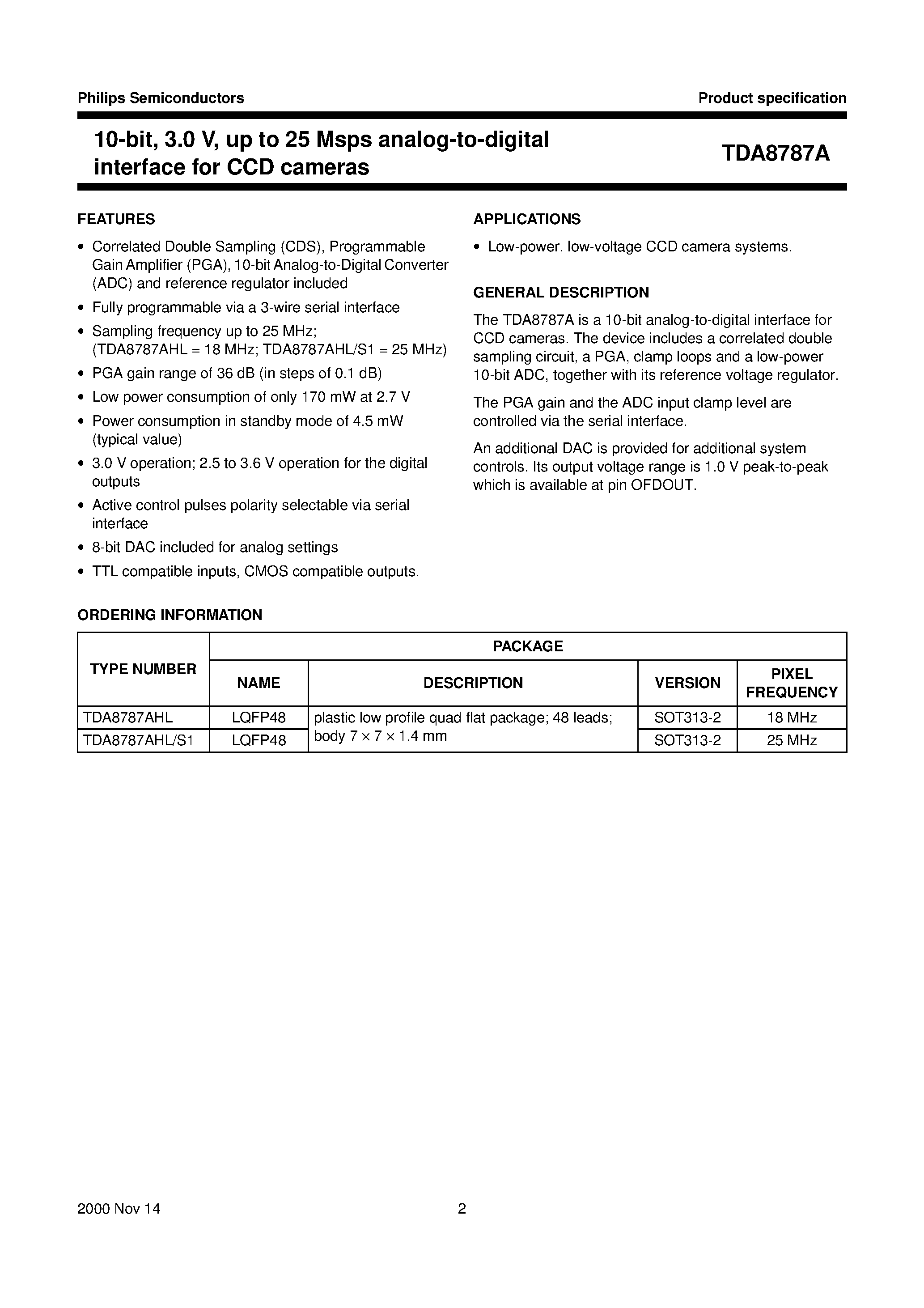 Datasheet TDA8787AHL page 2 Datasheet TDA8787AHL - 10-bit/ 3.0 V/ up to 25 Msps analog-to-digital interface for CCD cameras page 2