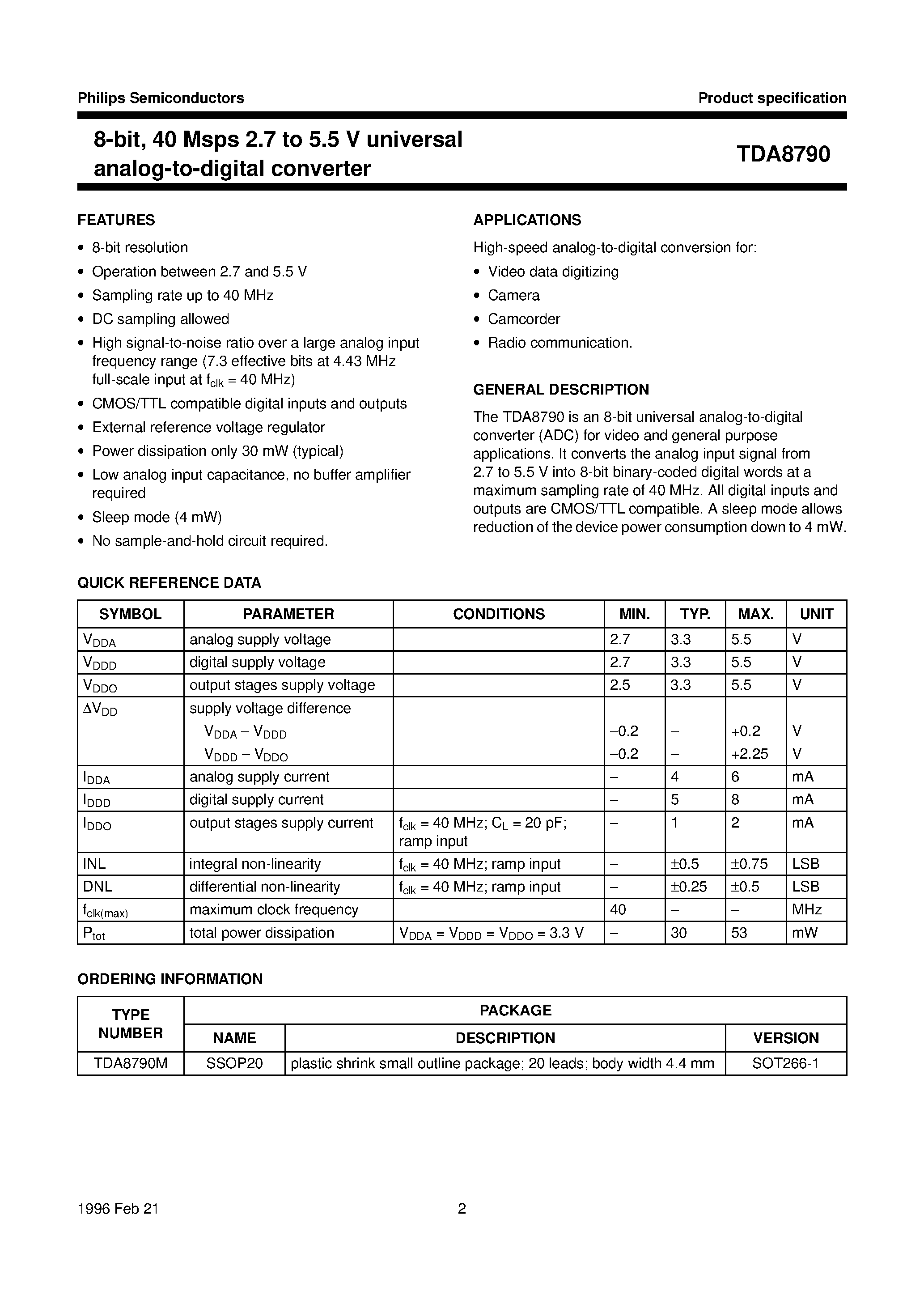 Даташит на микросхему TDA8790 страница 2 Даташит TDA8790 - 8-bit/ 40 Msps 2.7 to 5.5 V universal analog-to-digital converter страница 2