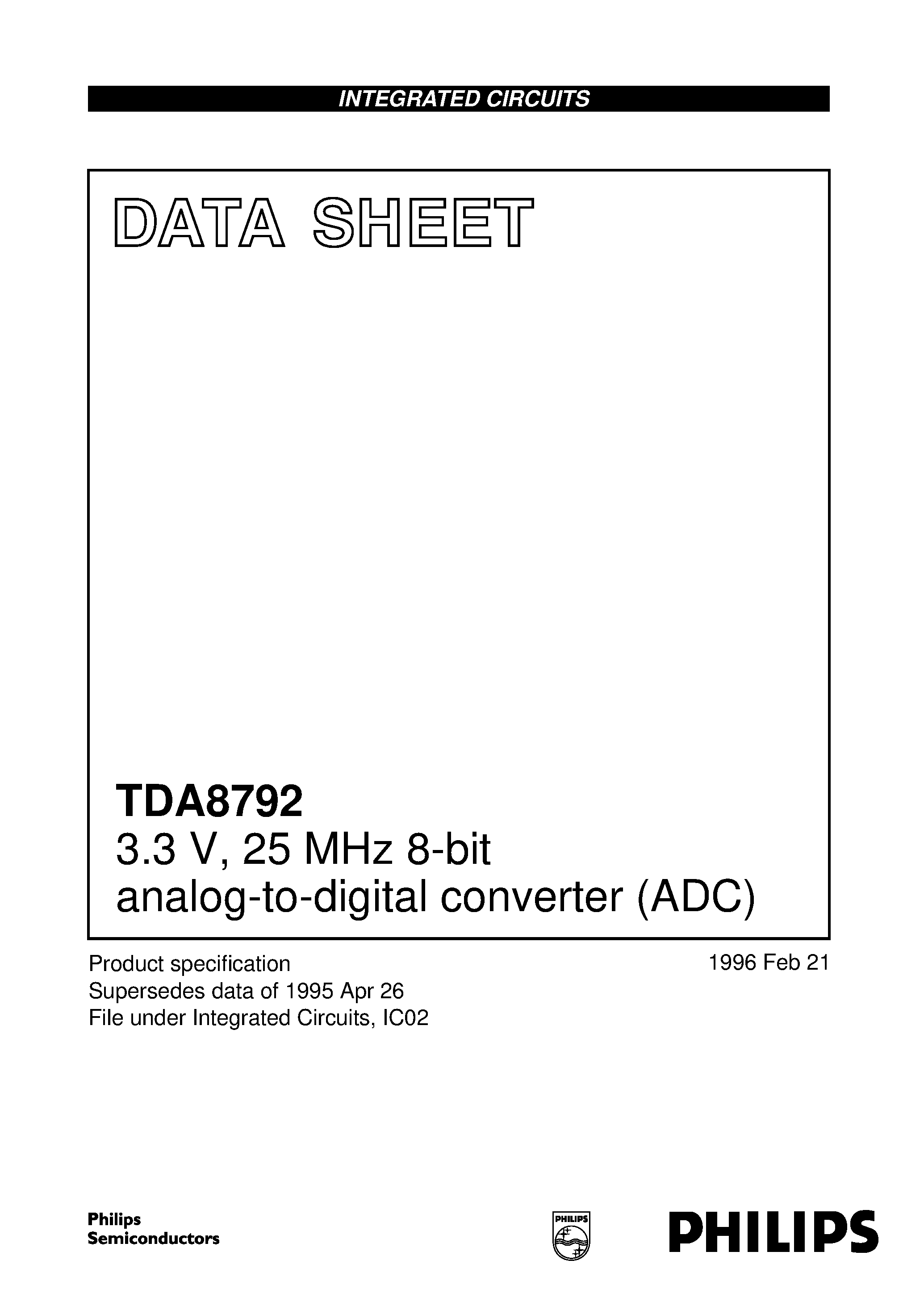 Datasheet TDA8792 page 1 Datasheet TDA8792 - 3.3 V/ 25 MHz 8-bit analog-to-digital converter ADC page 1