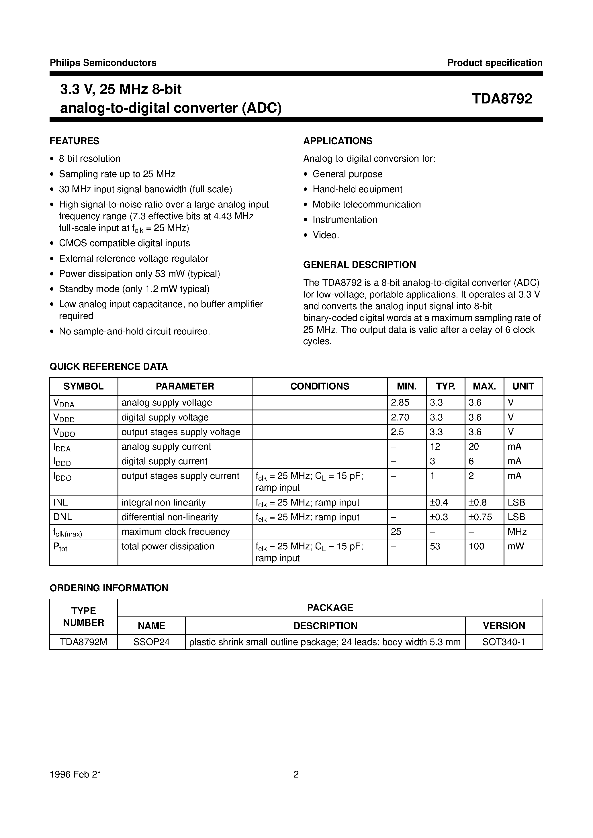 Datasheet TDA8792 page 2 Datasheet TDA8792 - 3.3 V/ 25 MHz 8-bit analog-to-digital converter ADC page 2