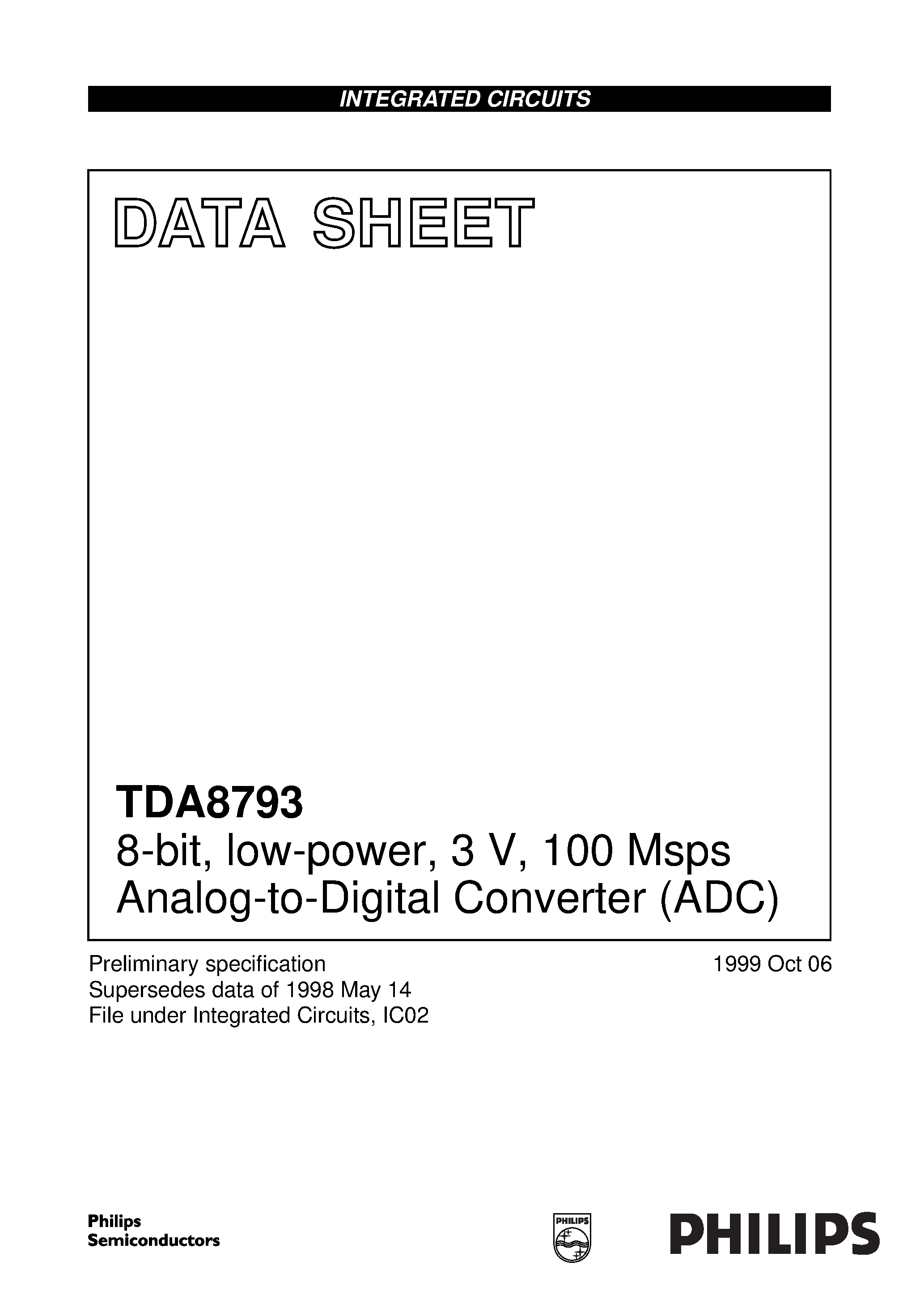 Datasheet TDA8793HL - 8-bit/ low-power/ 3 V/ 100 Msps Analog-to-Digital Converter ADC page 1