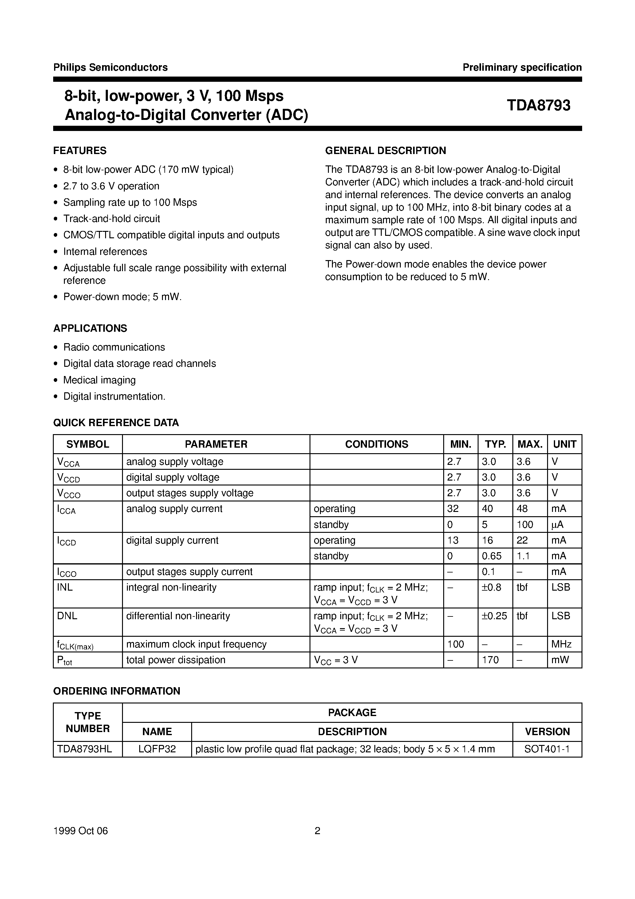 Datasheet TDA8793HL - 8-bit/ low-power/ 3 V/ 100 Msps Analog-to-Digital Converter ADC page 2
