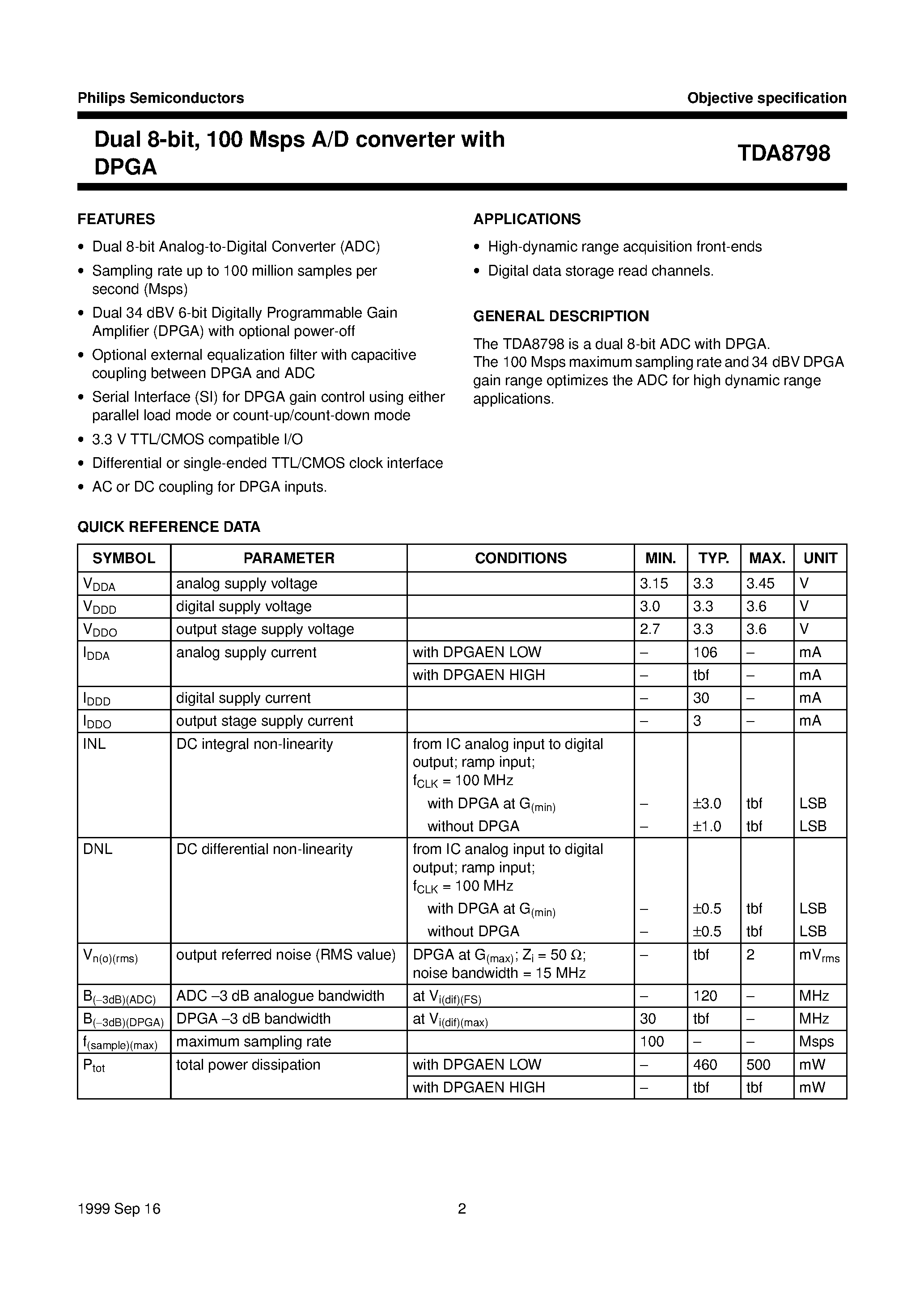 Даташит TDA8798 - Dual 8-bit/ 100 Msps A/D converter with DPGA страница 2