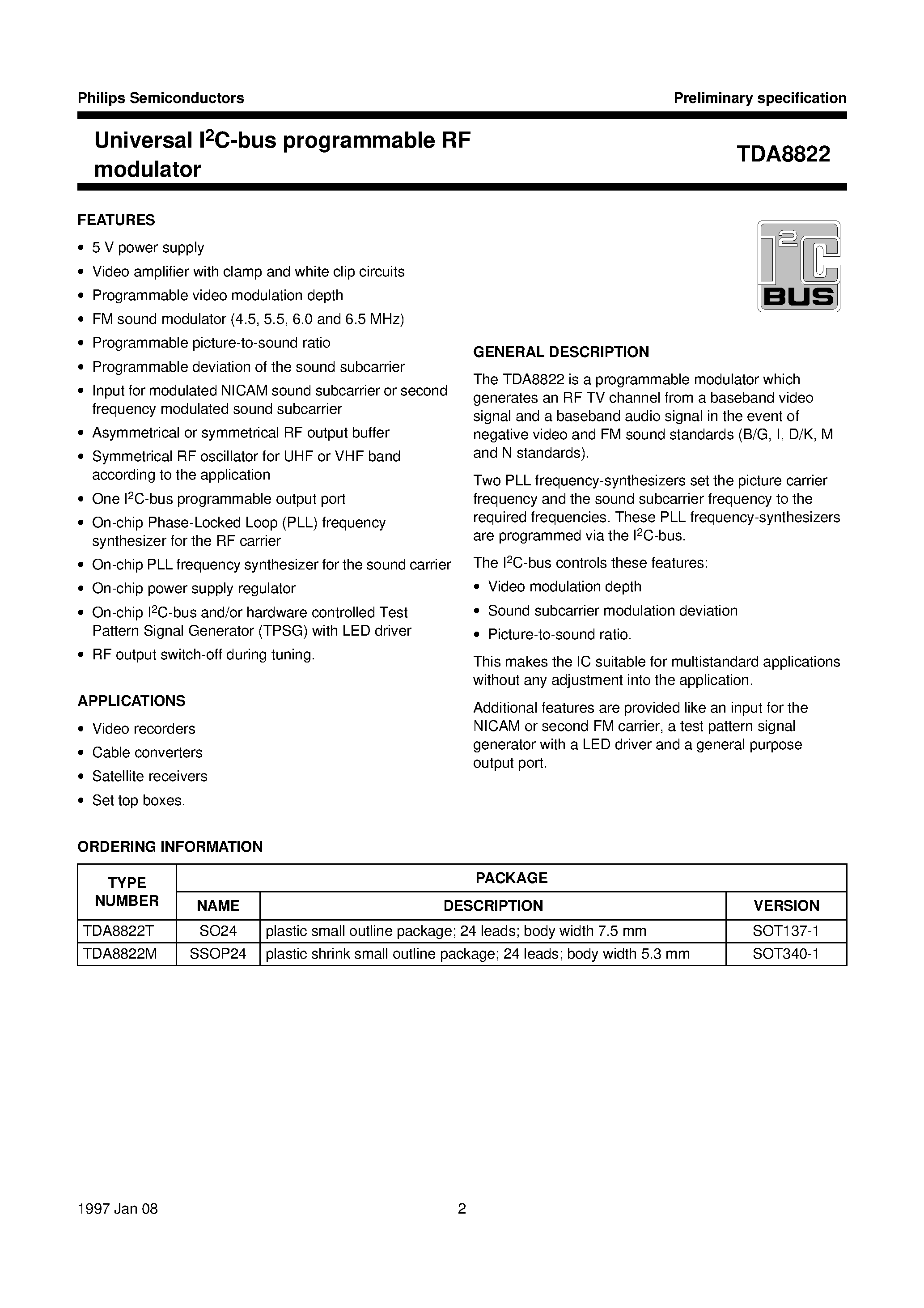 Datasheet TDA8822T page 2 Datasheet TDA8822T - Universal I2C-bus programmable RF modulator page 2