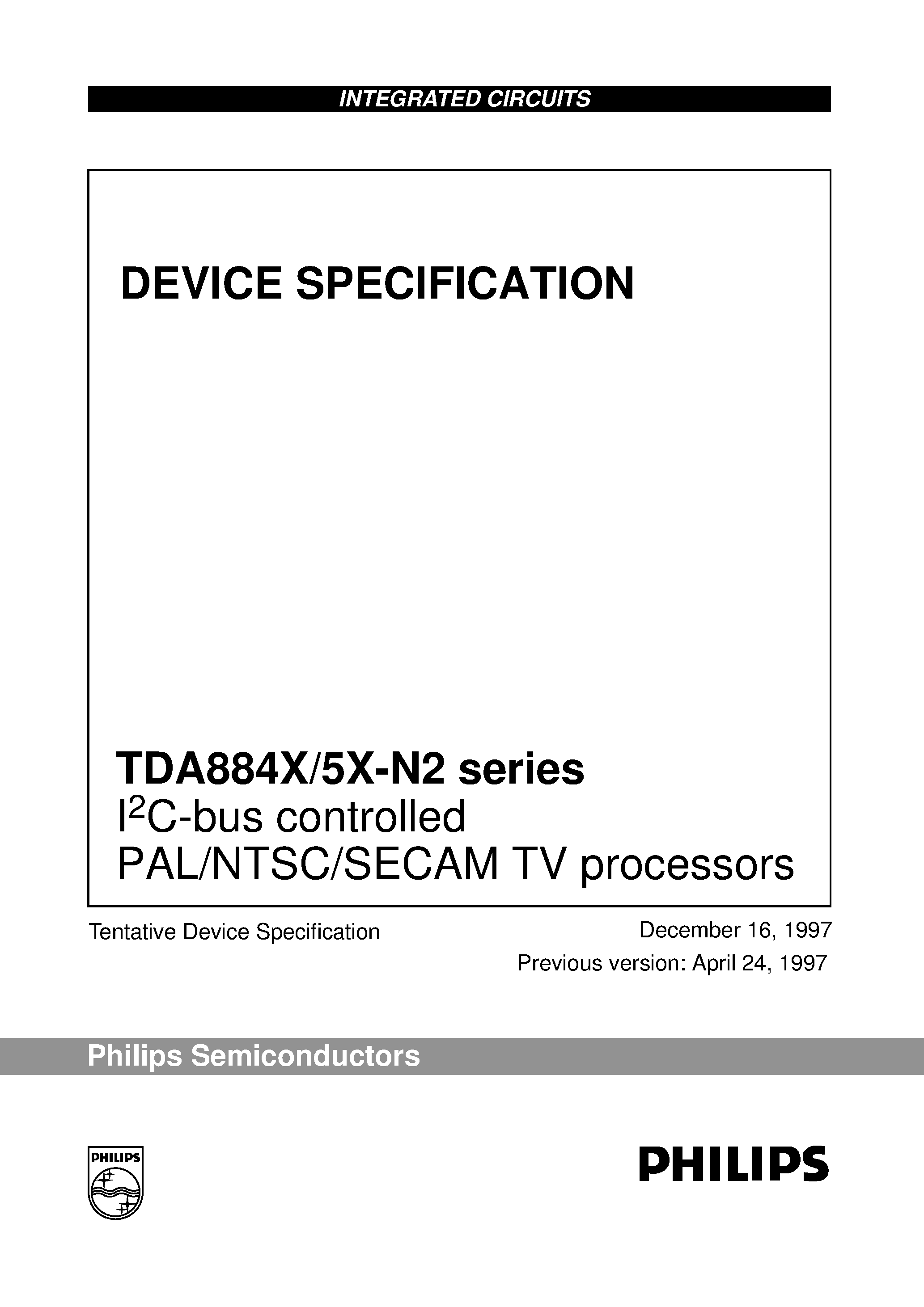 Datasheet TDA8843 page 1 Datasheet TDA8843 - I2C-bus controlled PAL/NTSC/SECAM TV processors page 1