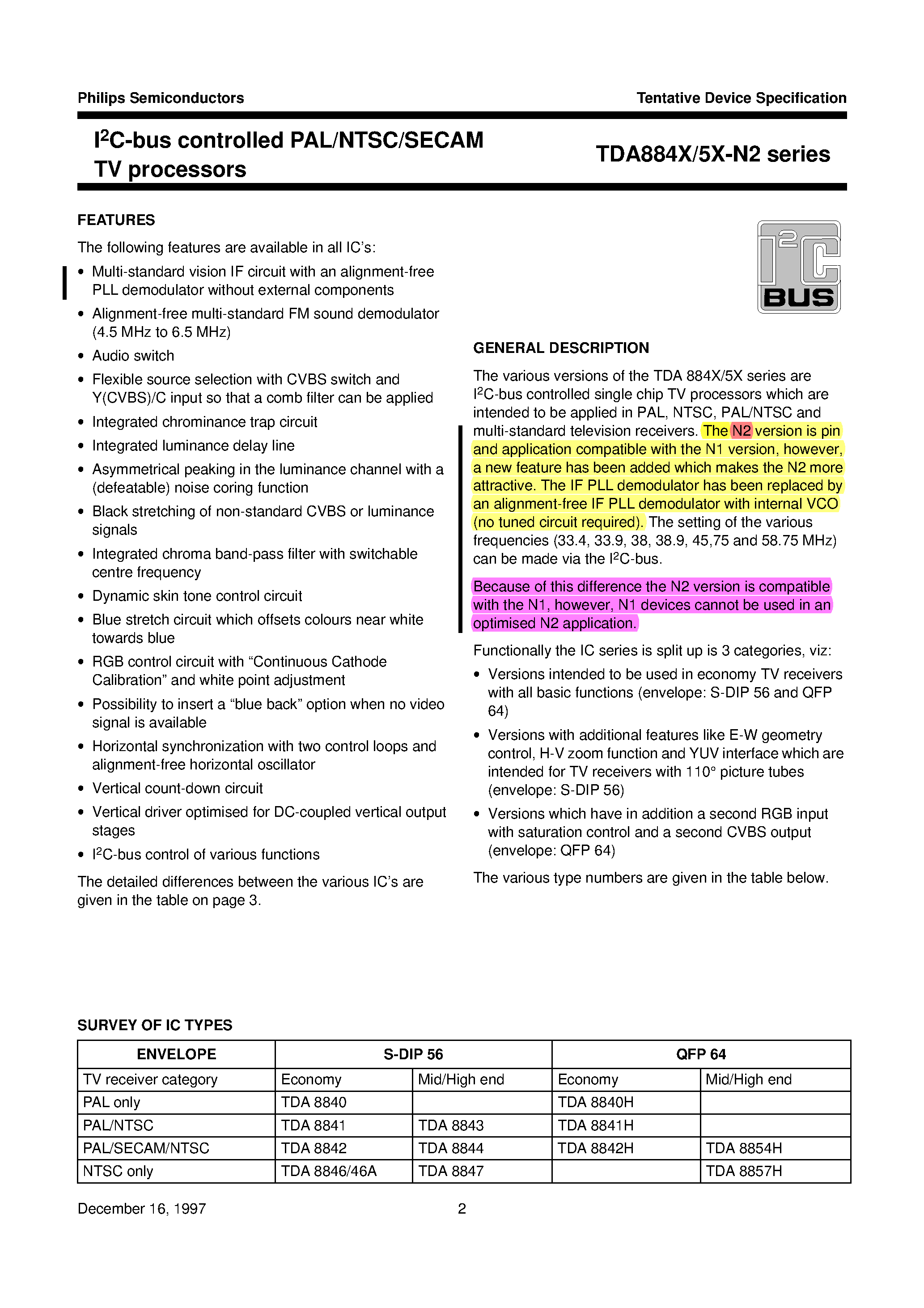 Datasheet TDA8843 page 2 Datasheet TDA8843 - I2C-bus controlled PAL/NTSC/SECAM TV processors page 2