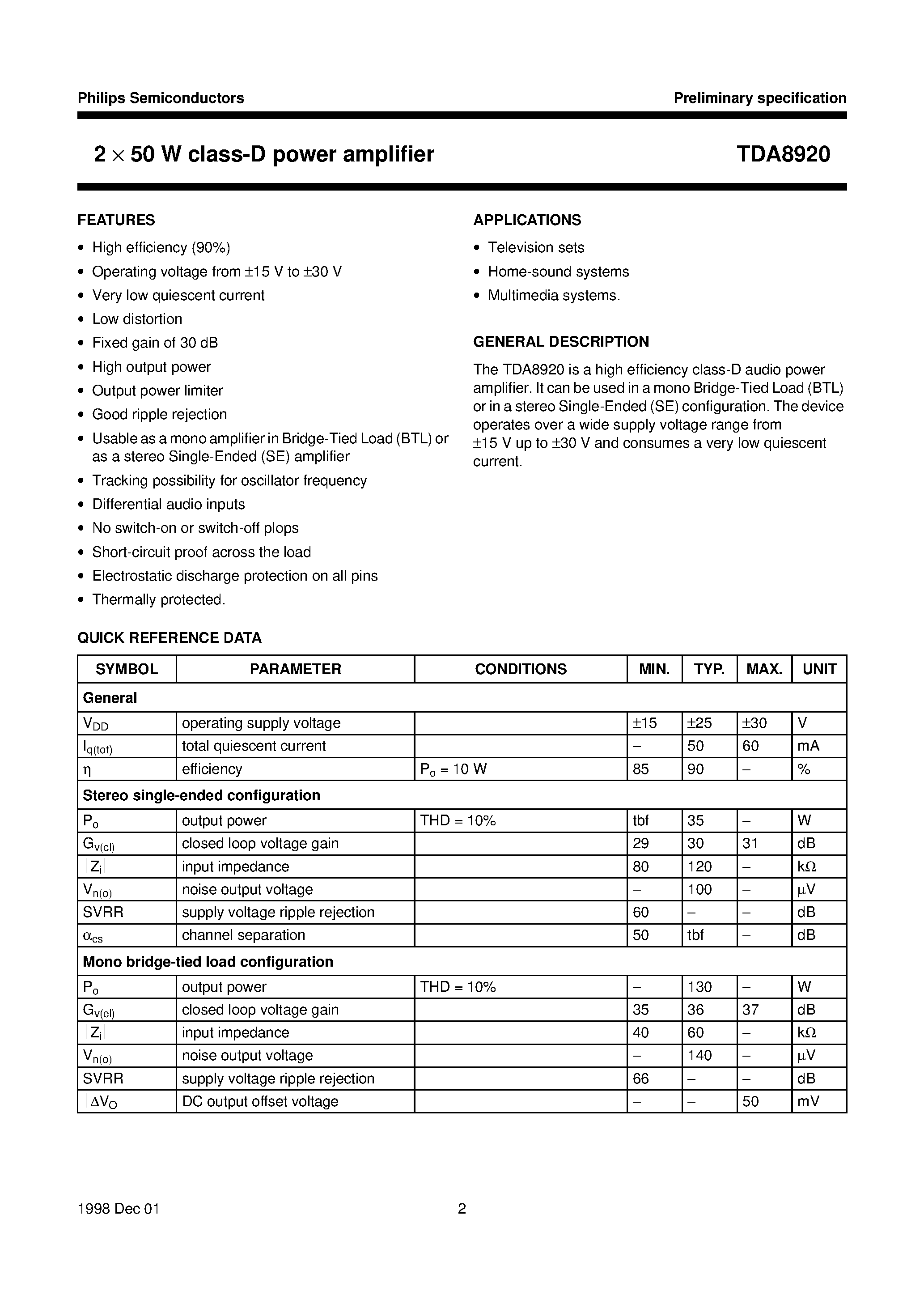 Datasheet TDA8920J page 2 Datasheet TDA8920J - 2 x 50 W class-D power amplifier page 2