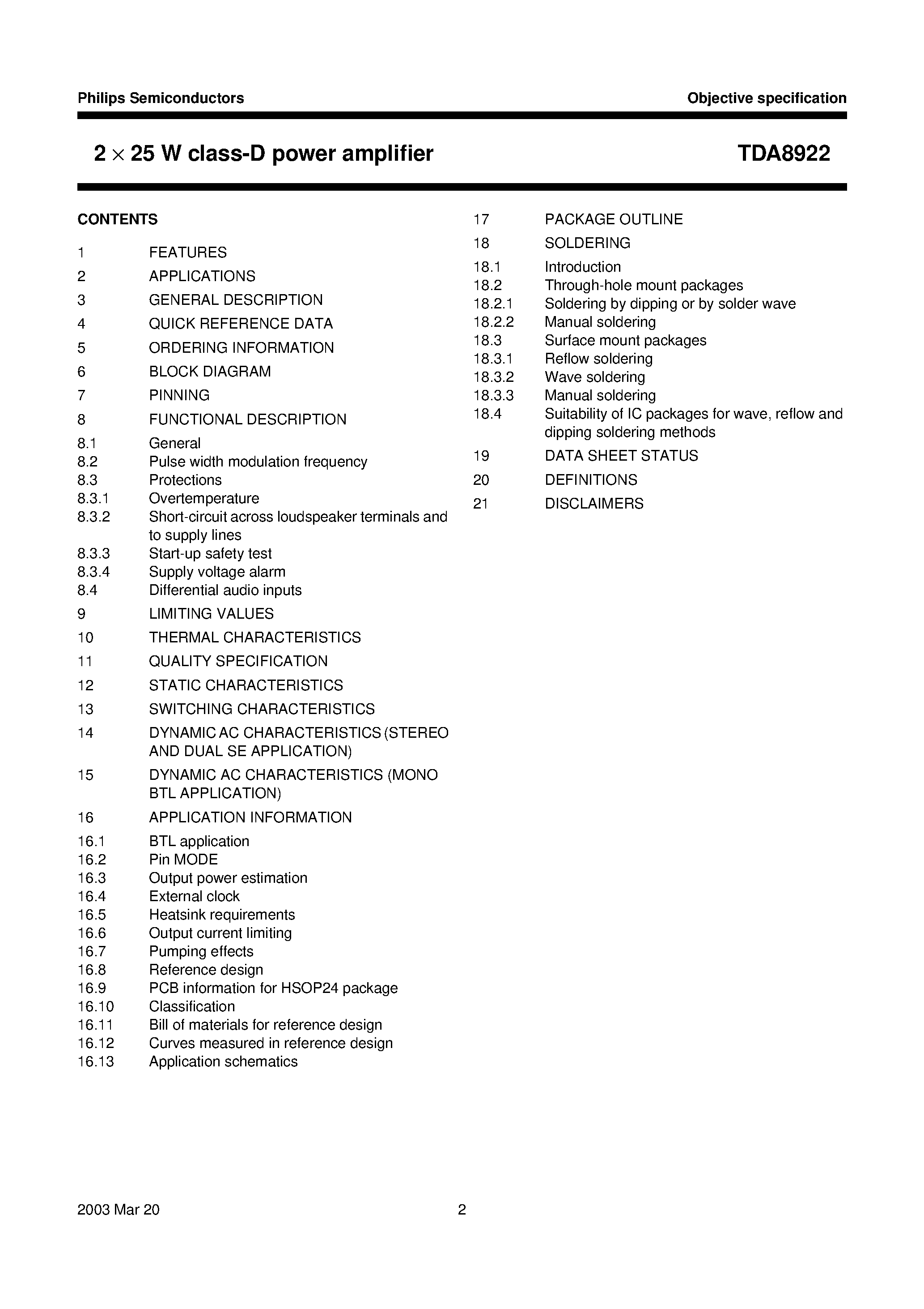 Datasheet TDA8922J page 2 Datasheet TDA8922J - 2 x 25 W class-D power amplifier page 2