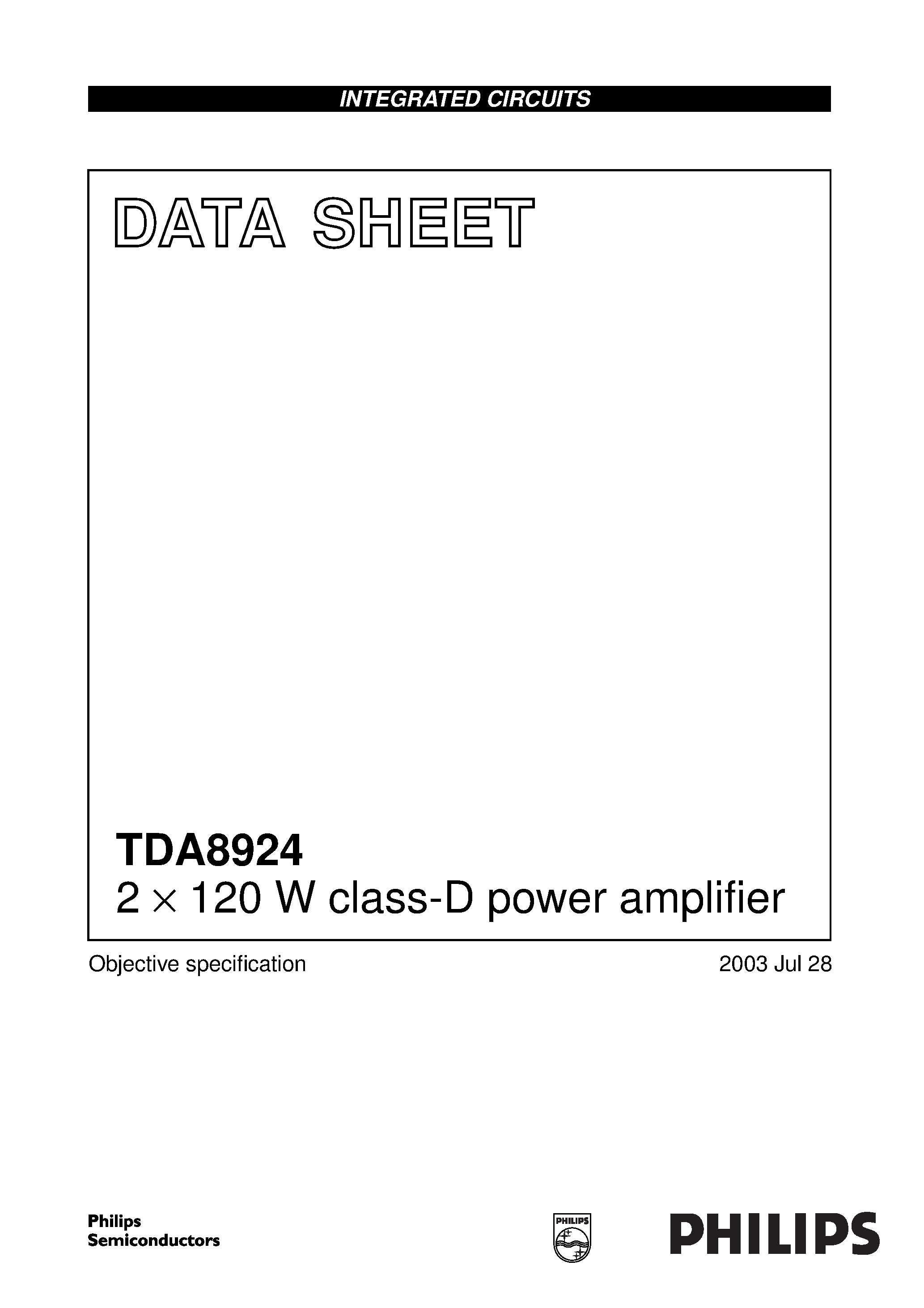 Datasheet TDA8924TH page 1 Datasheet TDA8924TH - 2 x 120 W class-D power amplifier page 1