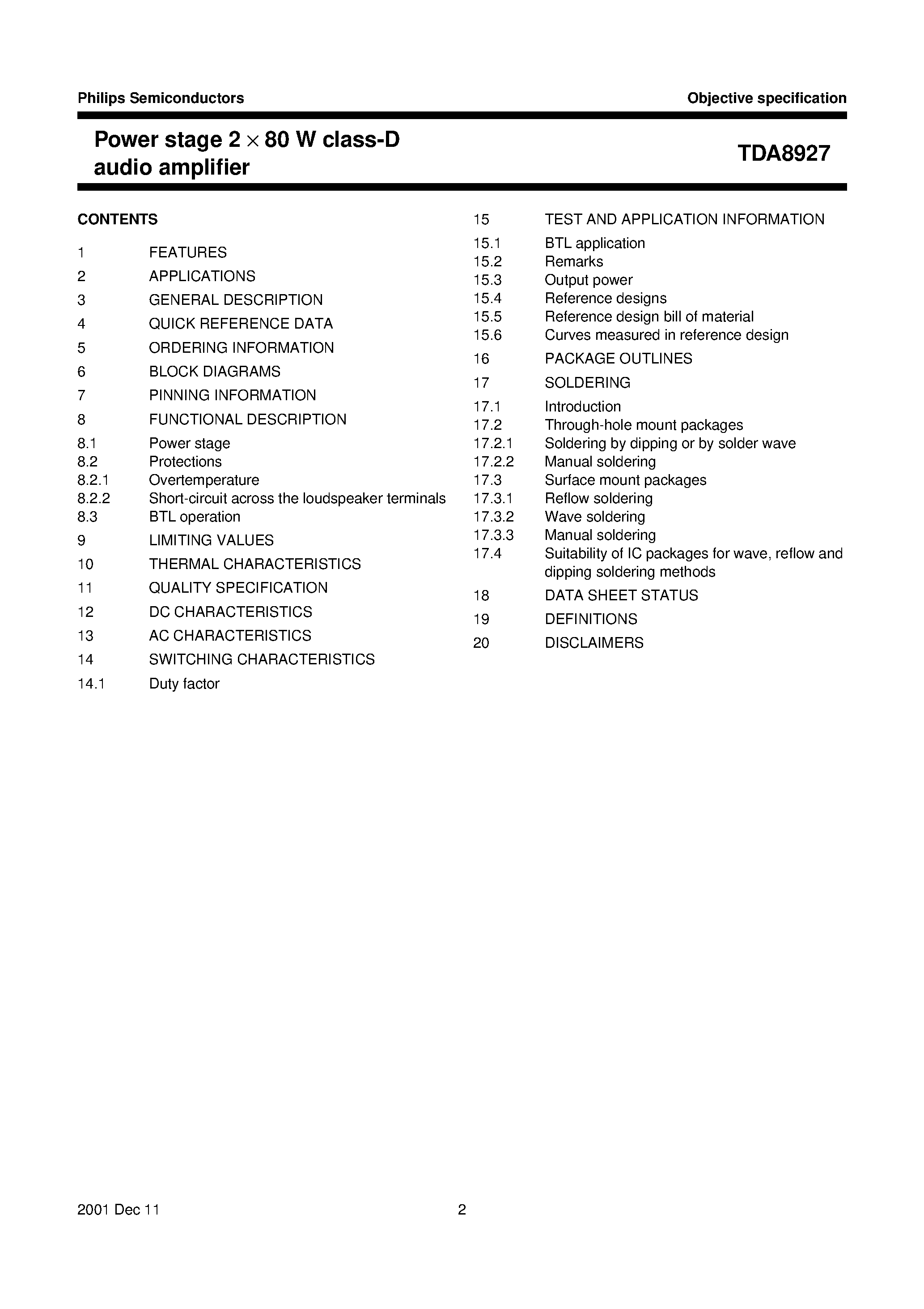 Datasheet TDA8927TH page 2 Datasheet TDA8927TH - Power stage 2 x 80 W class-D audio amplifier page 2