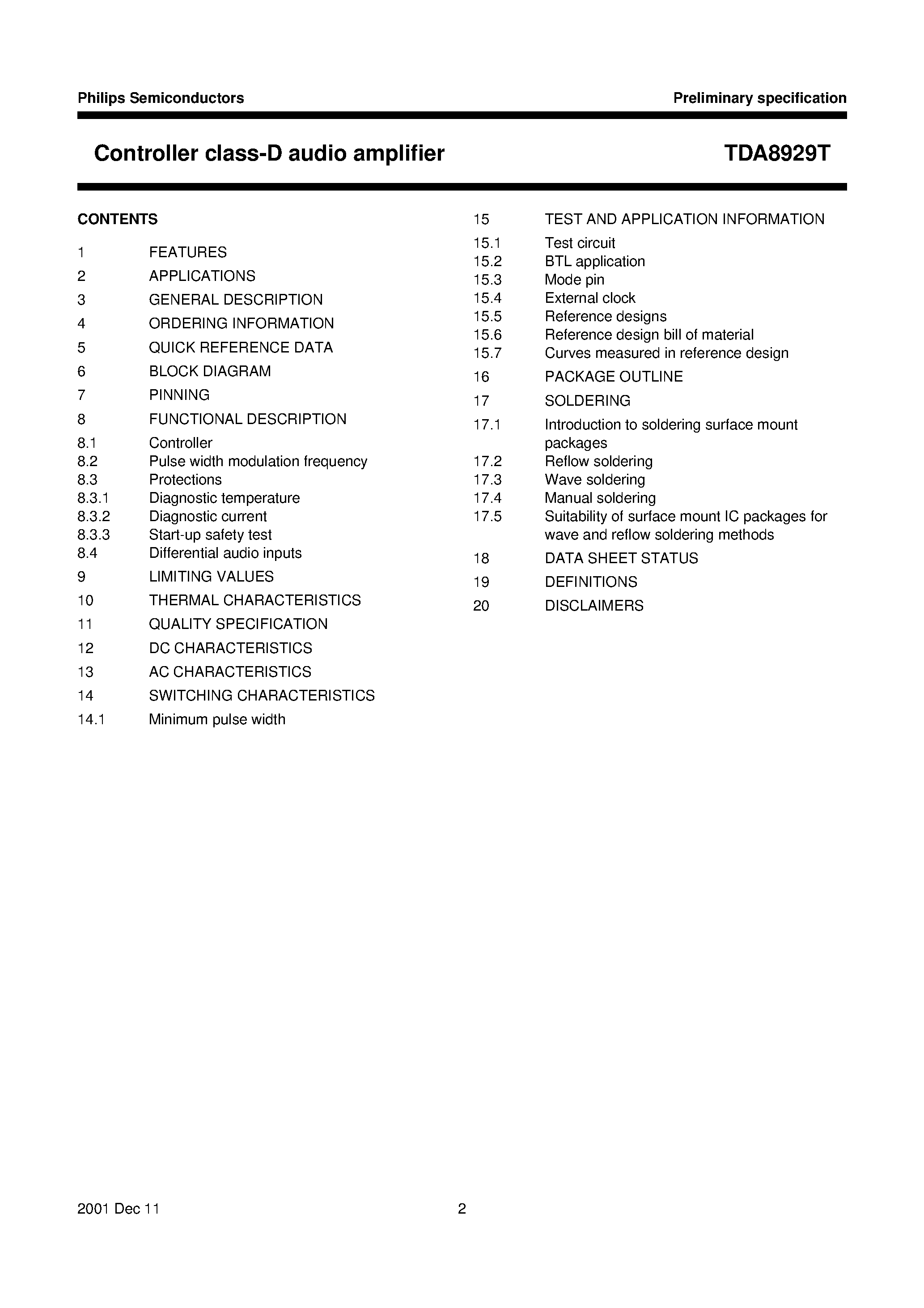 Datasheet TDA8929 page 2 Datasheet TDA8929 - Controller class-D audio amplifier page 2