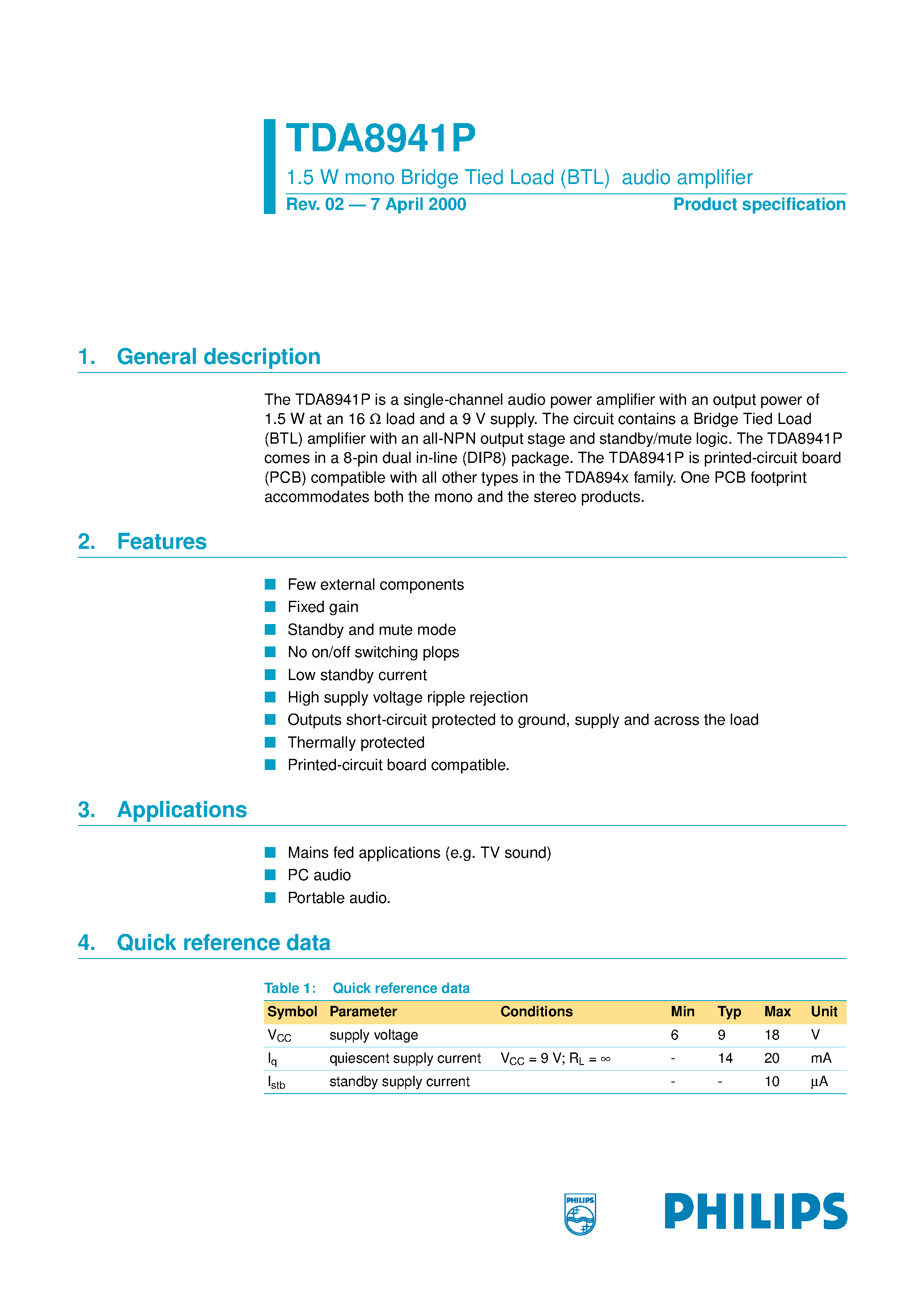Datasheet TDA8941 - 1.5 W mono Bridge Tied Load BTL audio amplifier page 1