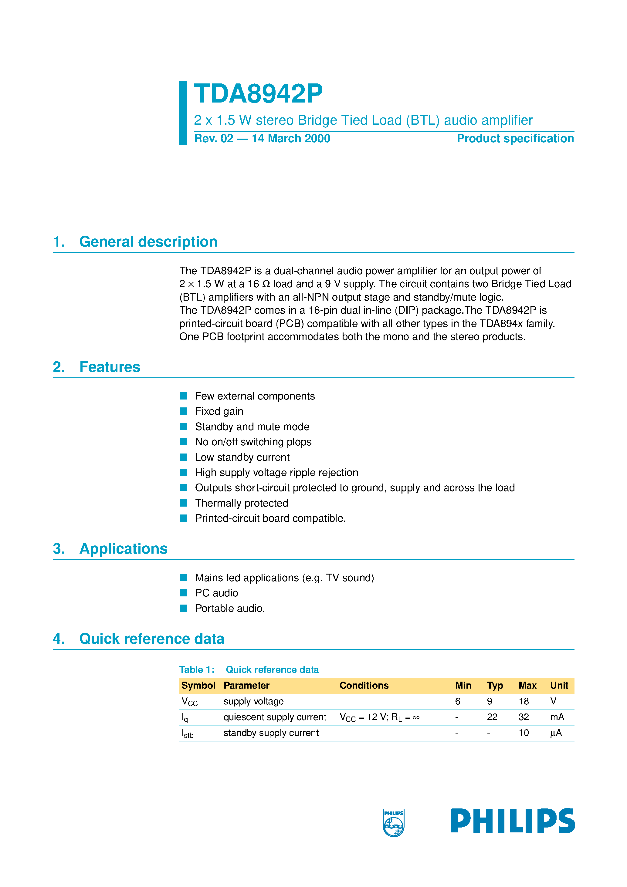 Datasheet TDA8942P page 1 Datasheet TDA8942P - 2 x 1.5 W stereo Bridge Tied Load BTL audio amplifier page 1