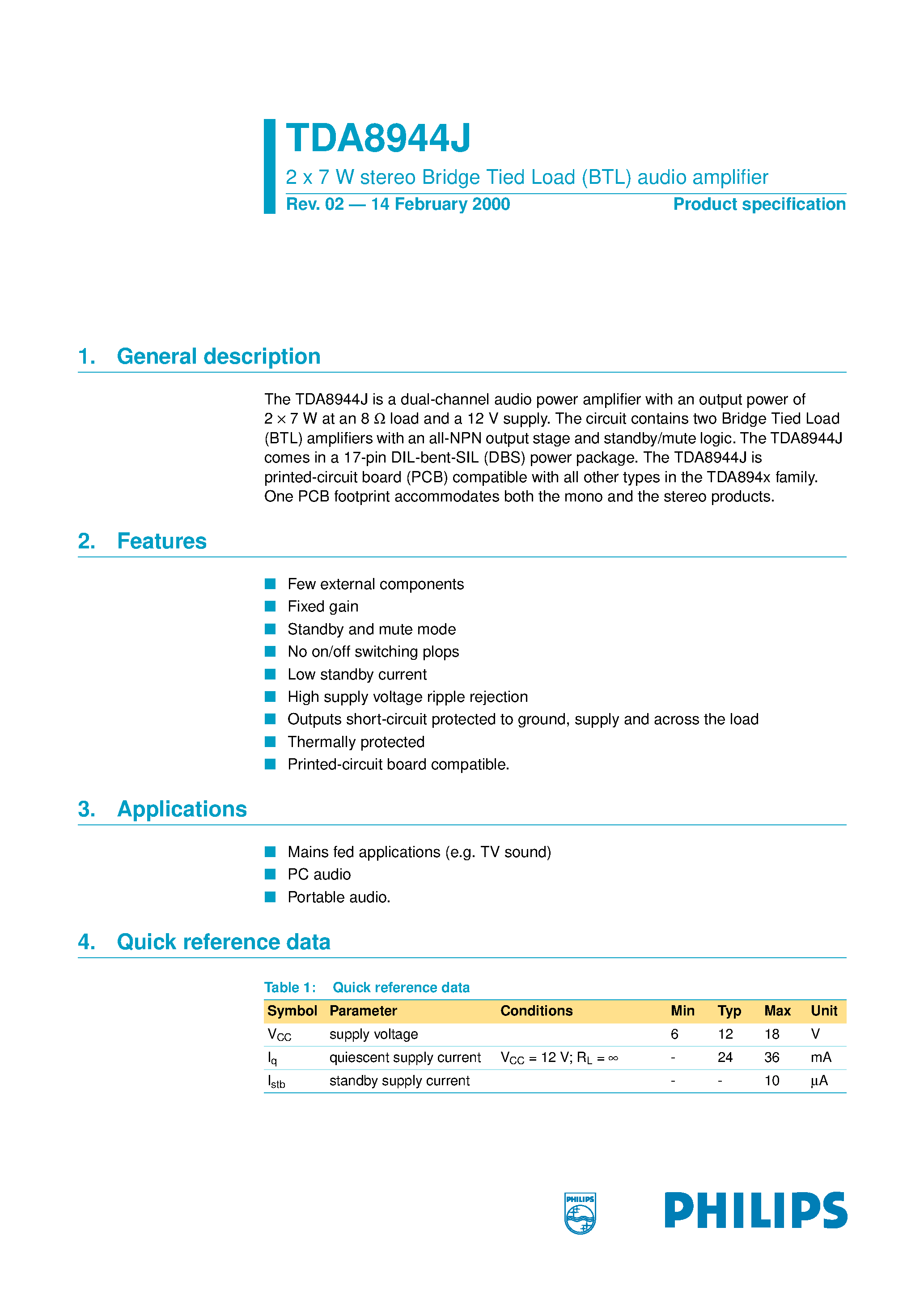 Даташит на микросхему TDA8944J страница 1 Даташит TDA8944J - 2 x 7 W stereo Bridge Tied Load BTL audio amplifier страница 1