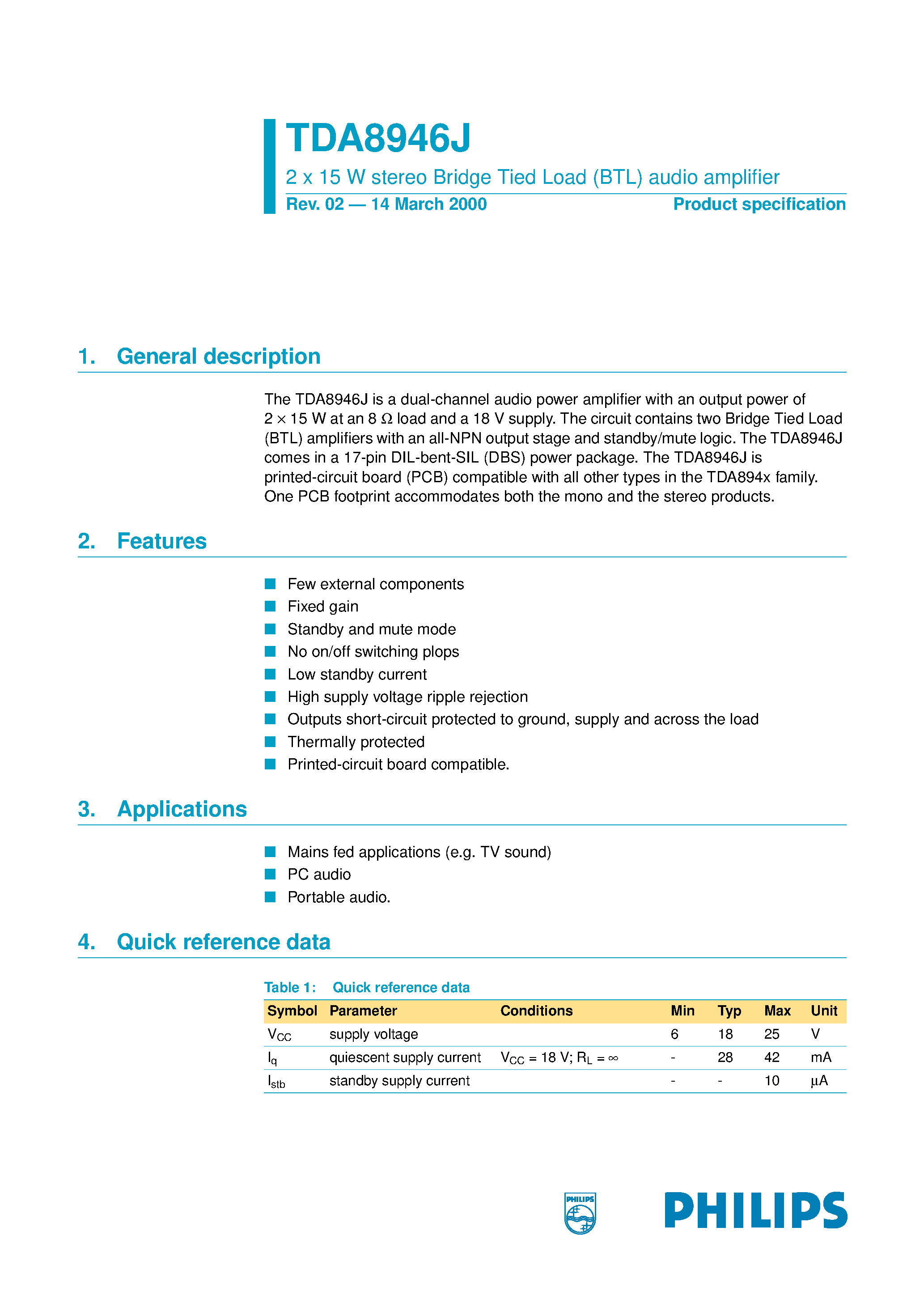 Datasheet TDA8946 page 1 Datasheet TDA8946 - 2 x 15 W stereo Bridge Tied Load BTL audio amplifier page 1