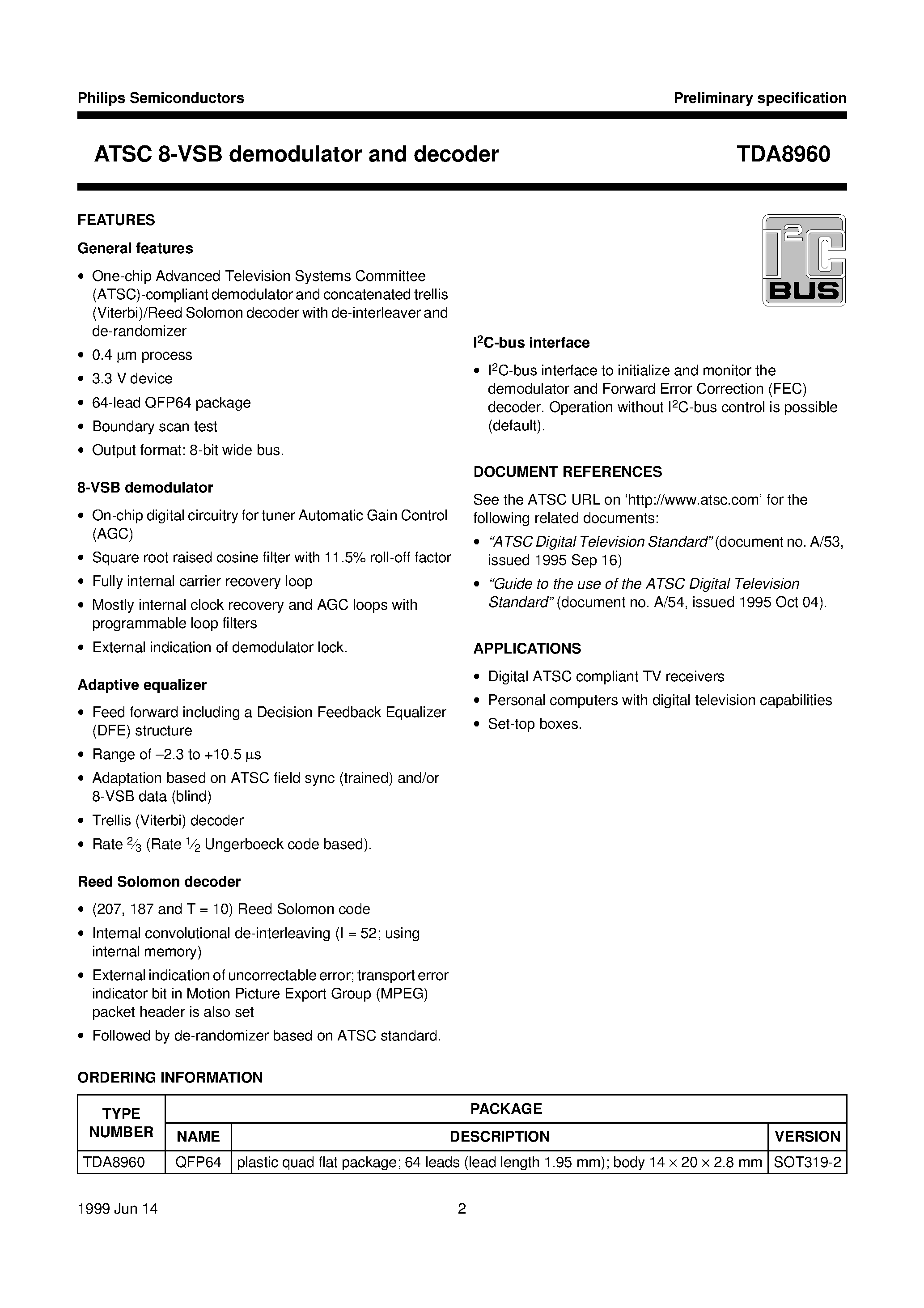 Datasheet TDA8960 page 2 Datasheet TDA8960 - ATSC 8-VSB demodulator and decoder page 2