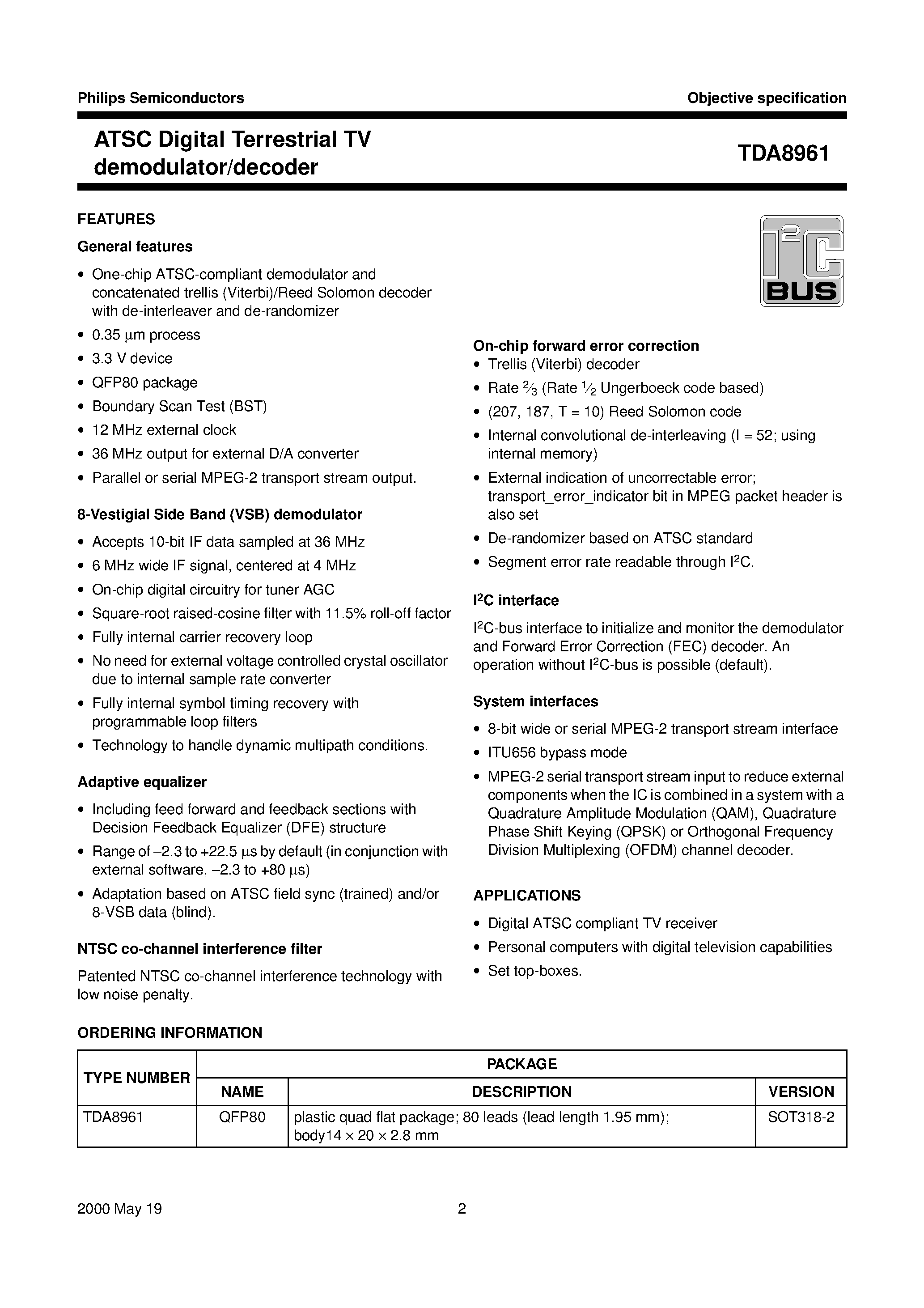 Datasheet TDA8961 page 2 Datasheet TDA8961 - ATSC/NTSC digital TV front-end chipset page 2