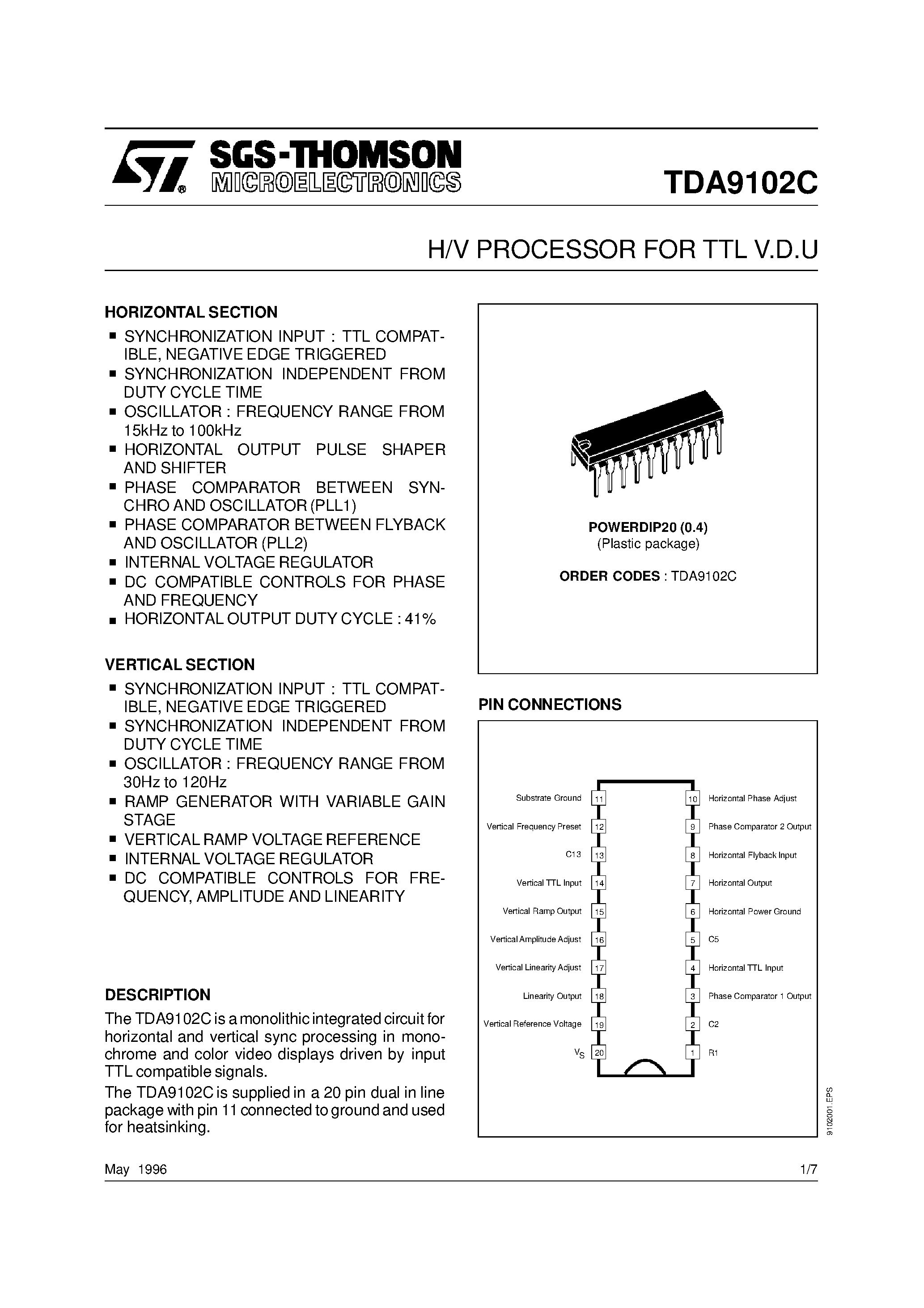 Даташит TDA9102 - H/V PROCESSOR FOR TTL V.D.U страница 1