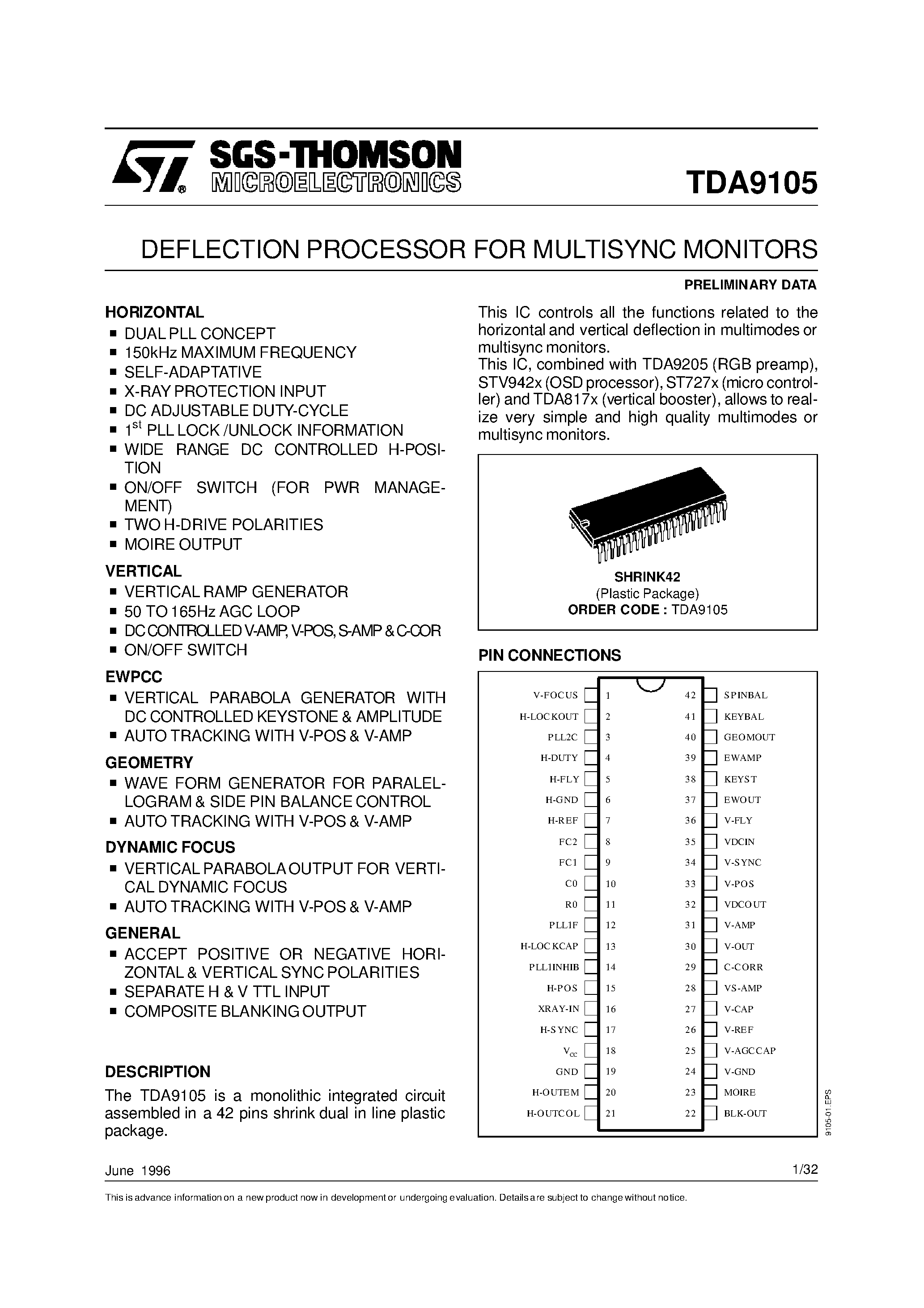 Даташит TDA9105 - DEFLECTION PROCESSOR FOR MULTISYNC MONITORS страница 1