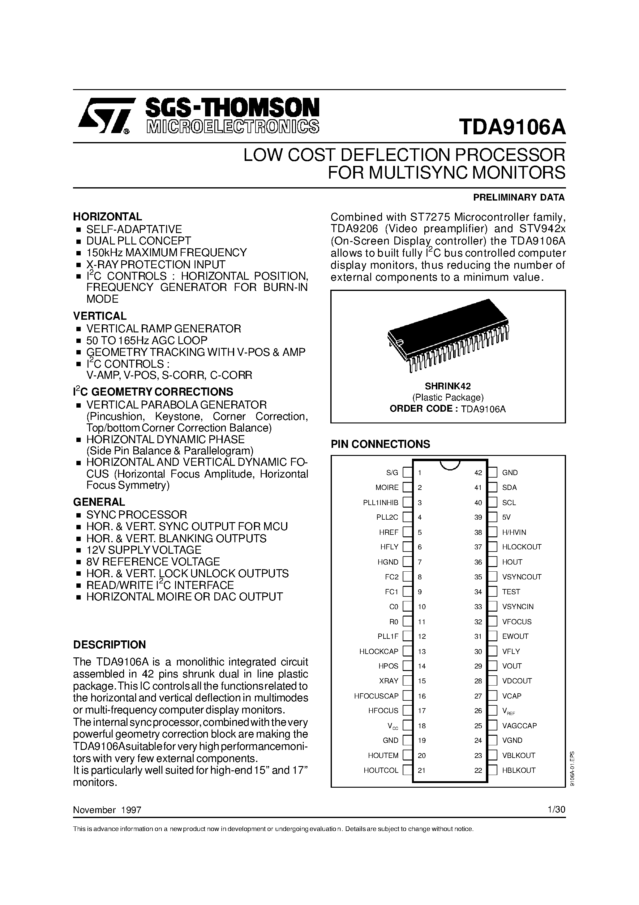 Даташит TDA9106A - LOW COST DEFLECTION PROCESSOR FOR MULTISYNC MONITORS страница 1