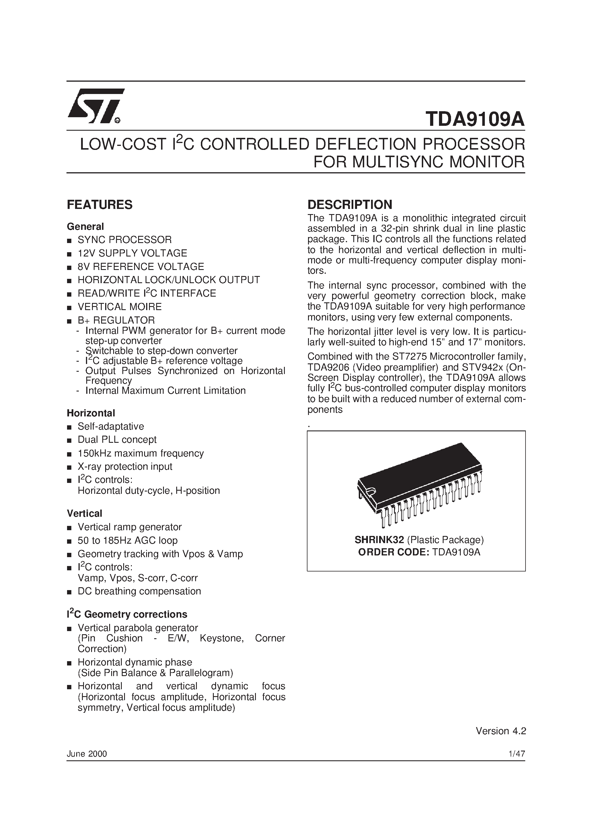 Даташит TDA9109A - LOW-COST I2C CONTROLLED DEFLECTION PROCESSOR FOR MULTISYNC MONITOR страница 1