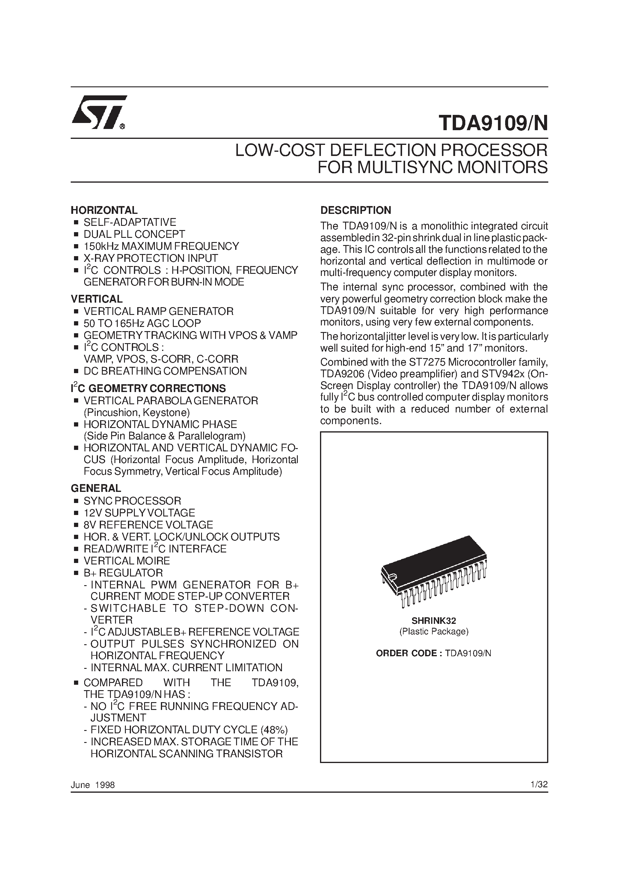 Даташит TDA9109N - LOW-COST DEFLECTION PROCESSOR FOR MULTISYNC MONITORS страница 1