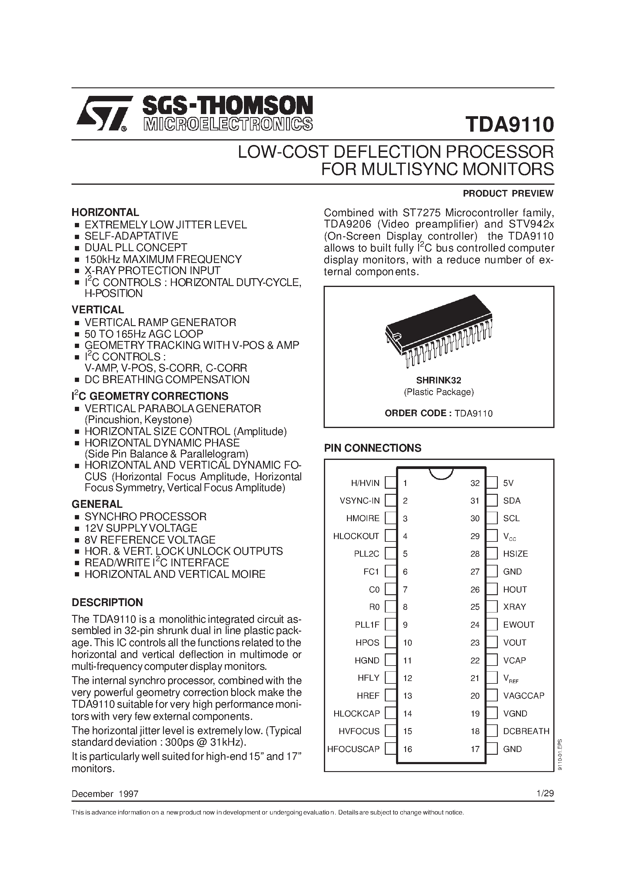 Даташит на микросхему TDA9110 страница 1 Даташит TDA9110 - LOW-COST DEFLECTION PROCESSOR FOR MULTISYNC MONITORS страница 1