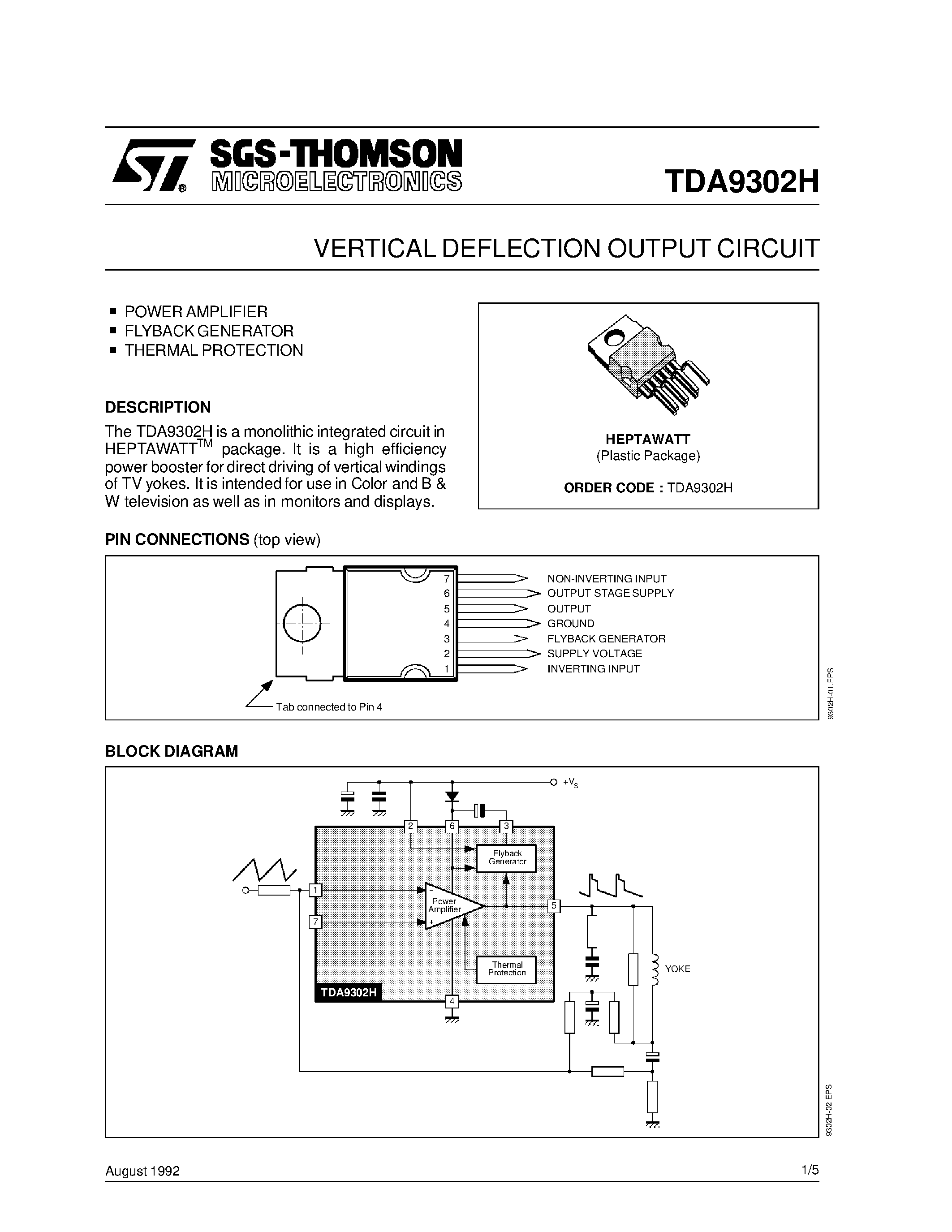 Даташит на микросхему TDA9302H страница 1 Даташит TDA9302H - VERTICAL DEFLECTION OUTPUT CIRCUIT страница 1