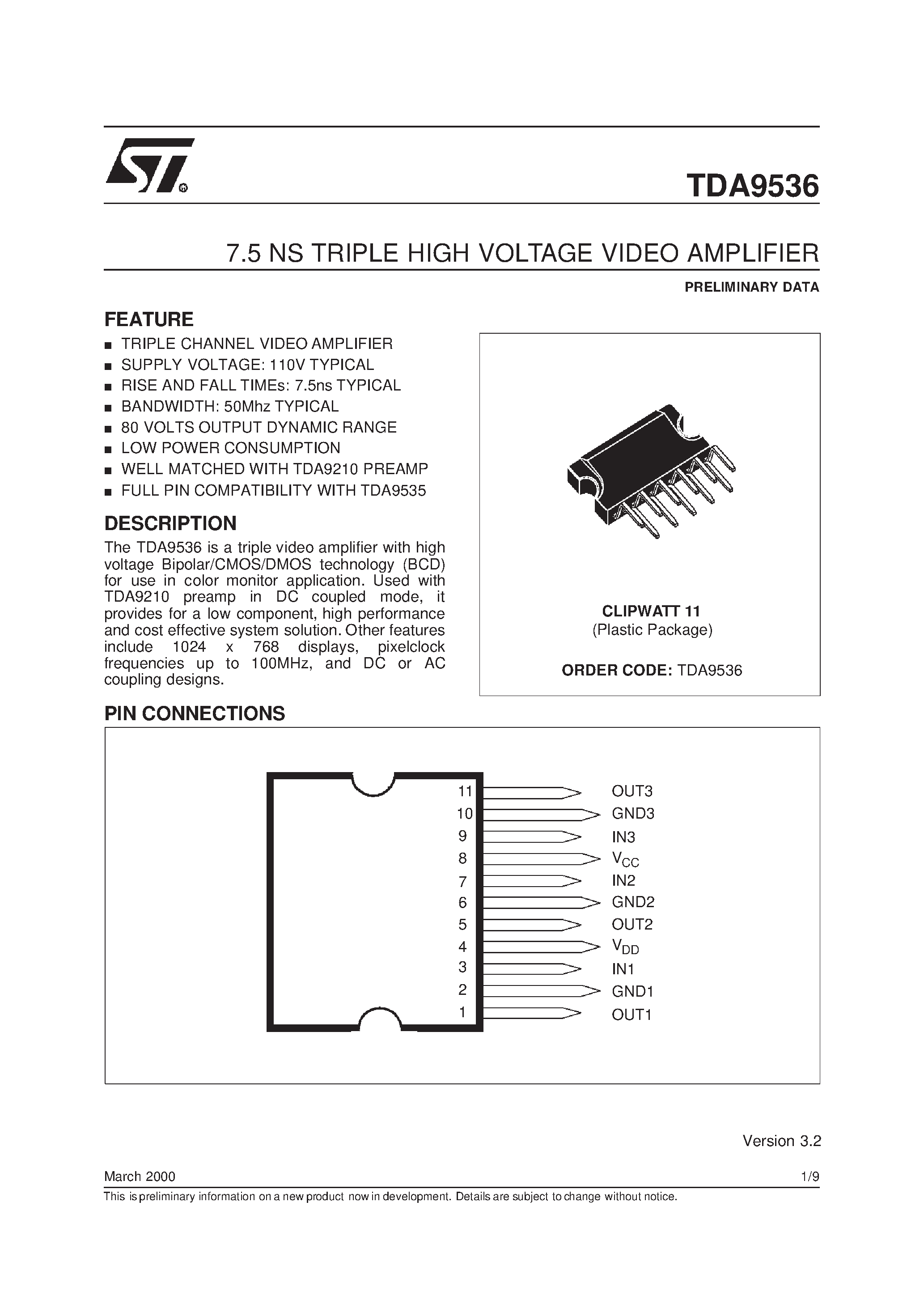 Даташит на микросхему TDA9536 страница 1 Даташит TDA9536 - 7.5 NS TRIPLE HIGH VOLTAGE VIDEO AMPLIFIER страница 1
