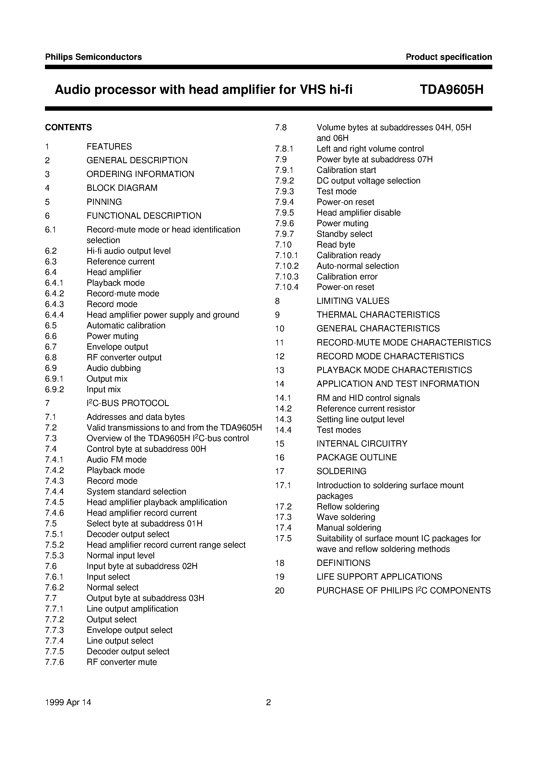 Datasheet TDA9605H page 2 Datasheet TDA9605H - Audio processor with head amplifier for VHS hi-fi page 2