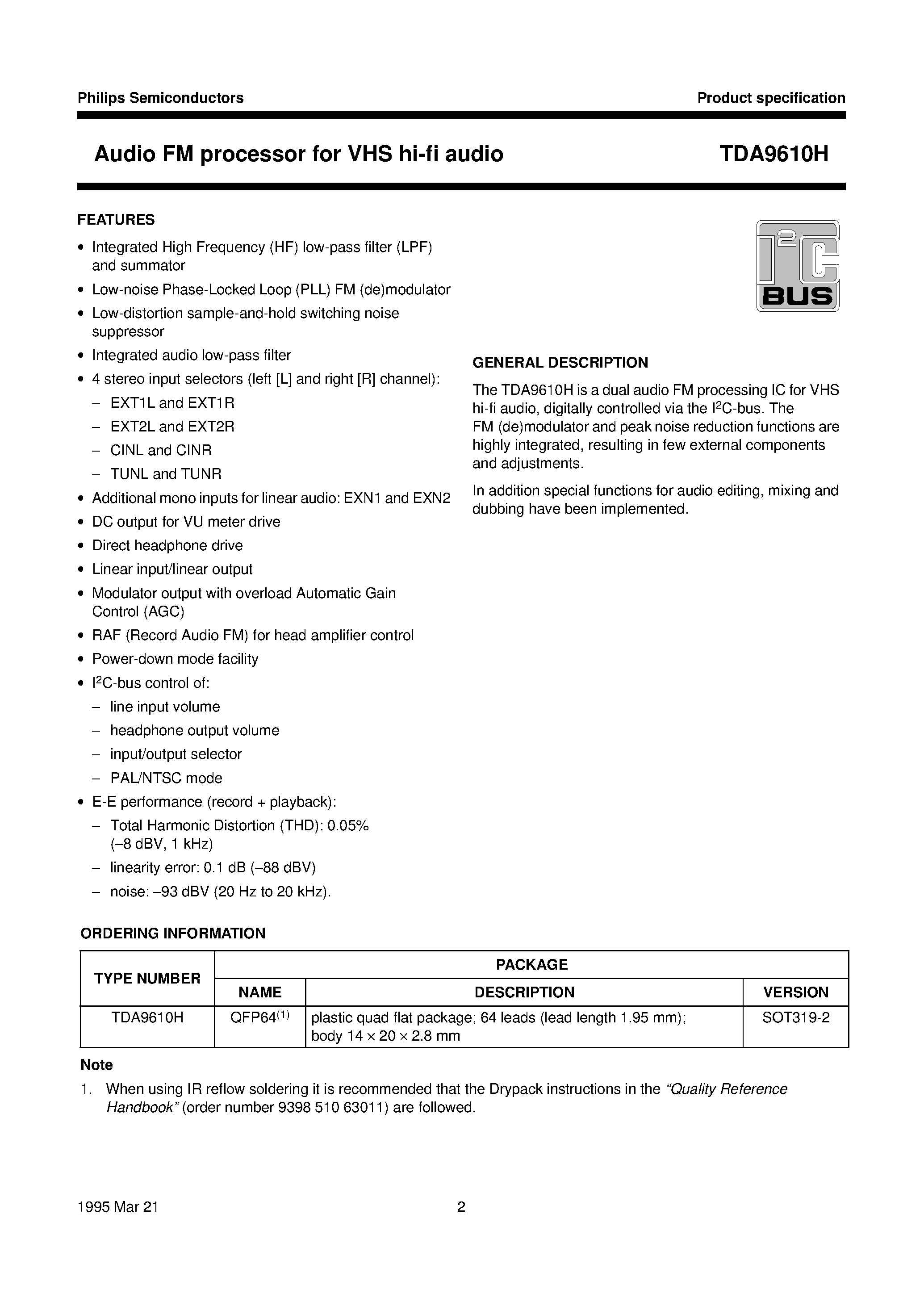 Datasheet TDA9610H page 2 Datasheet TDA9610H - Audio FM processor for VHS hi-fi audio page 2