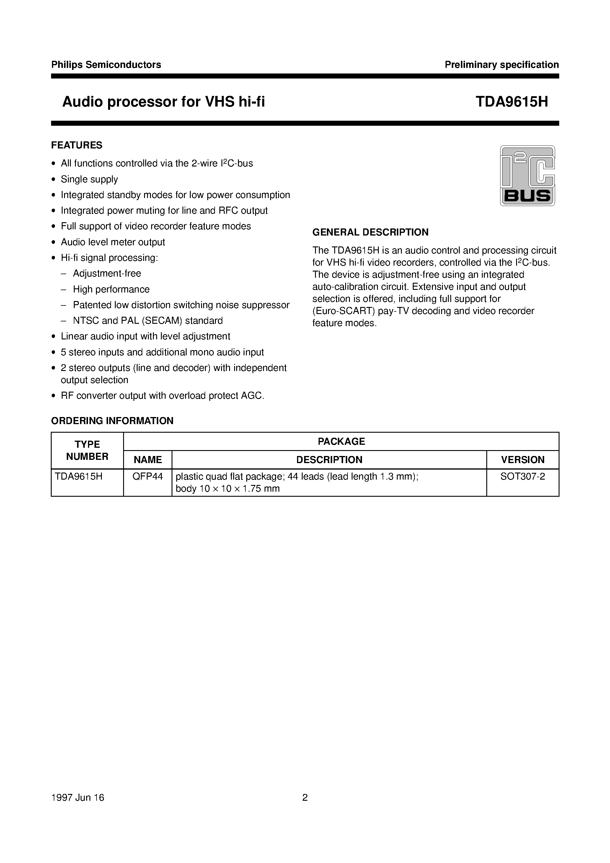 Datasheet TDA9615 page 2 Datasheet TDA9615 - Audio processor for VHS hi-fi page 2