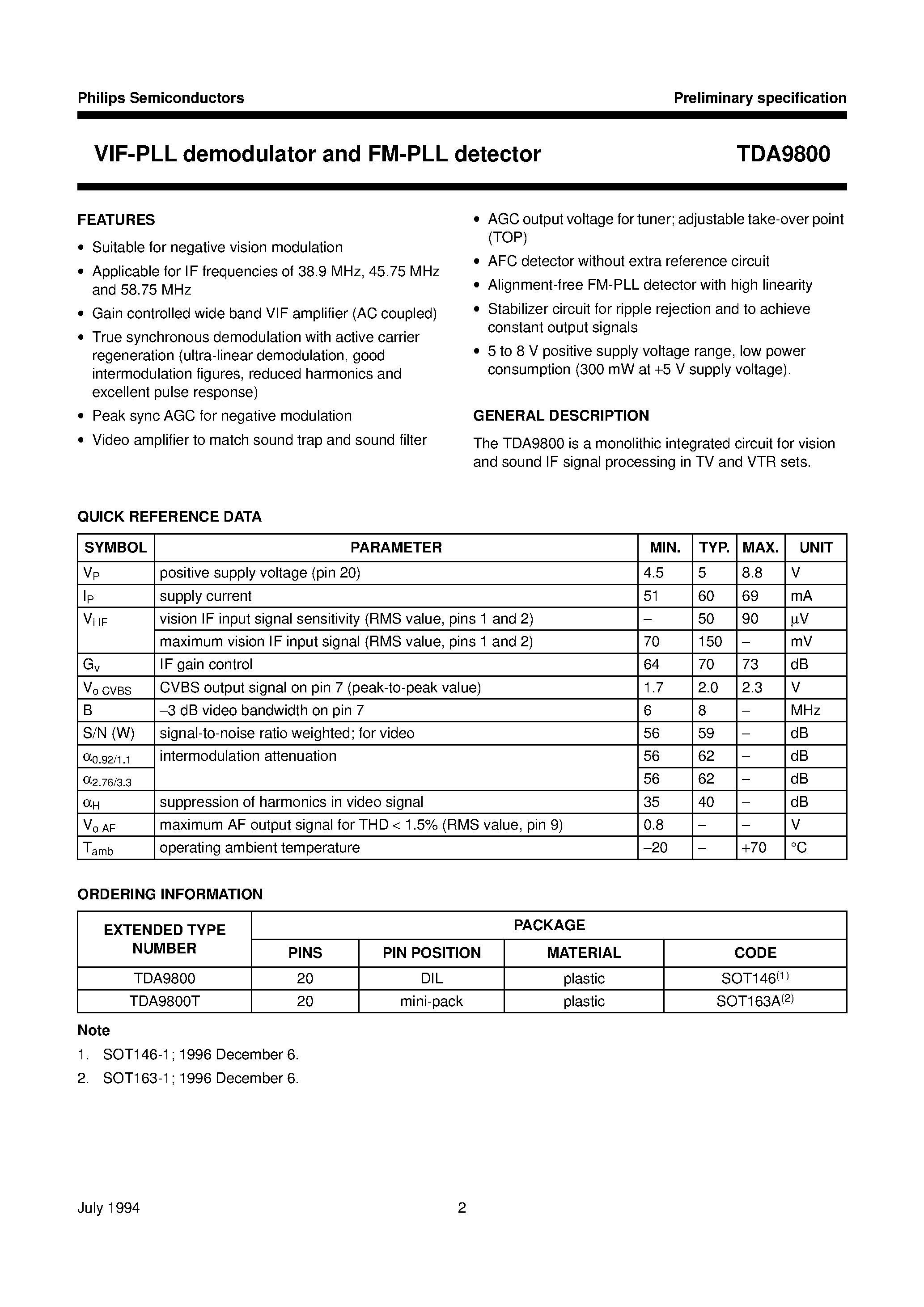Datasheet TDA9800 page 2 Datasheet TDA9800 - VIF-PLL demodulator and FM-PLL detector page 2