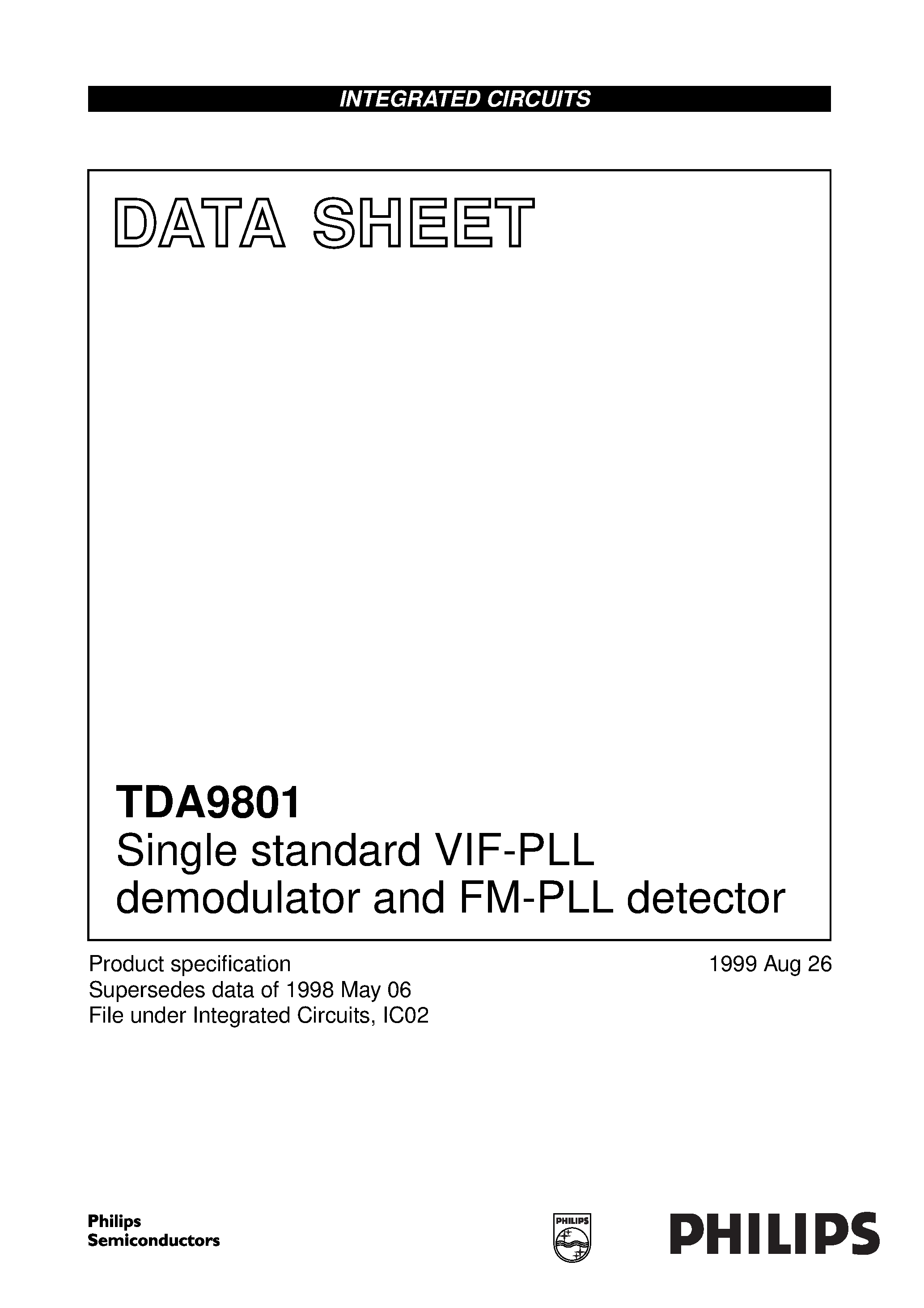 Datasheet TDA9801 page 1 Datasheet TDA9801 - Single standard VIF-PLL demodulator and FM-PLL detector page 1